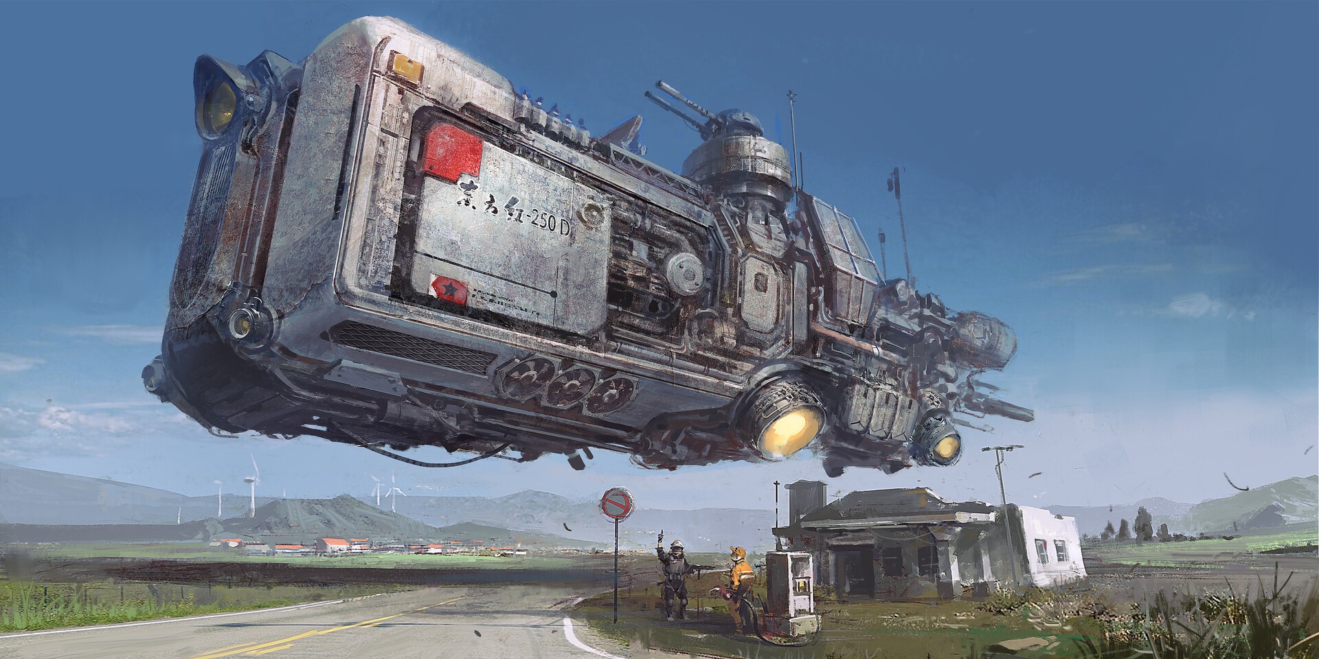 Futuristic flying vehicle over a rural landscape HD Wallpaper