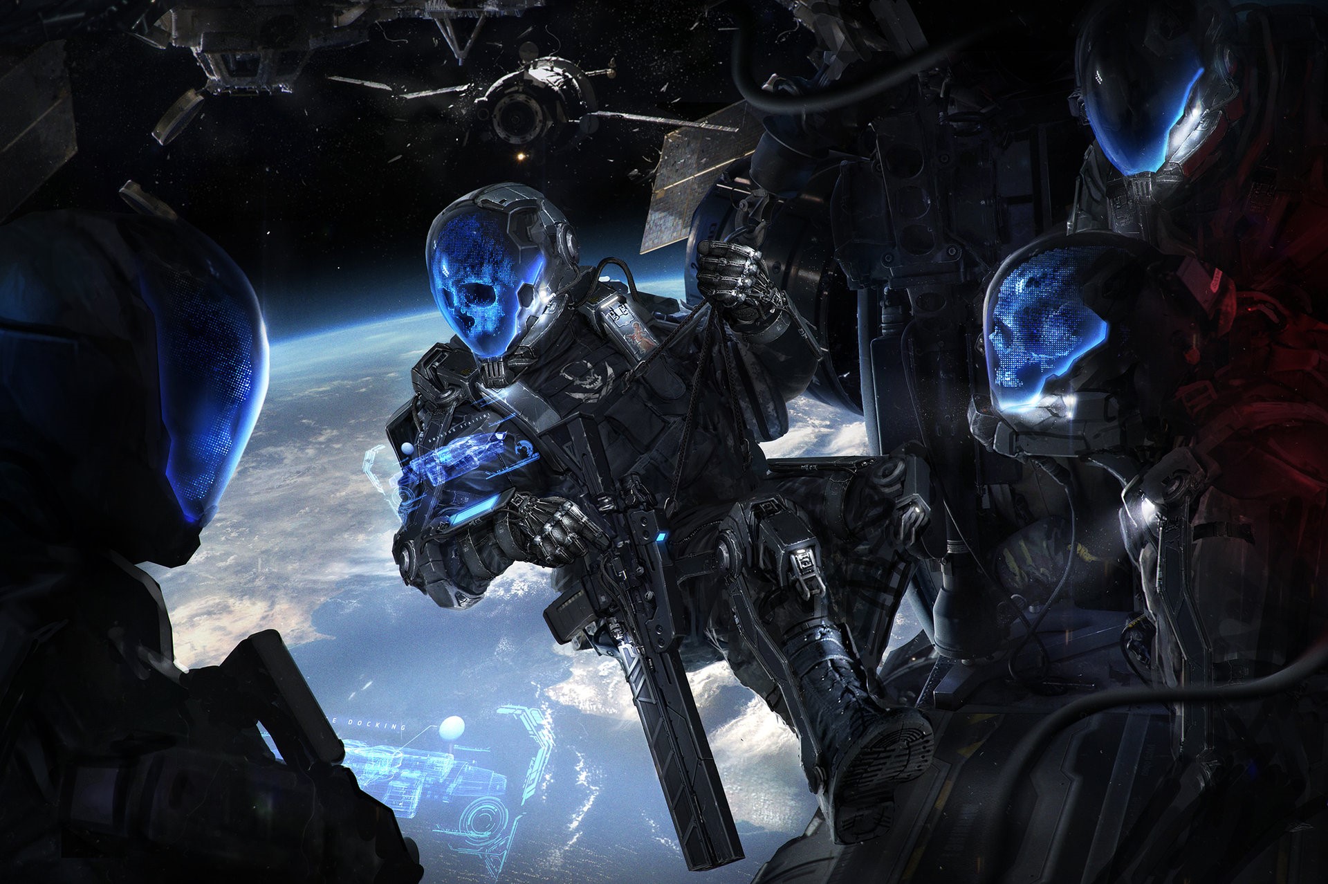 Astronauts in futuristic armor with weapons in space HD Wallpaper