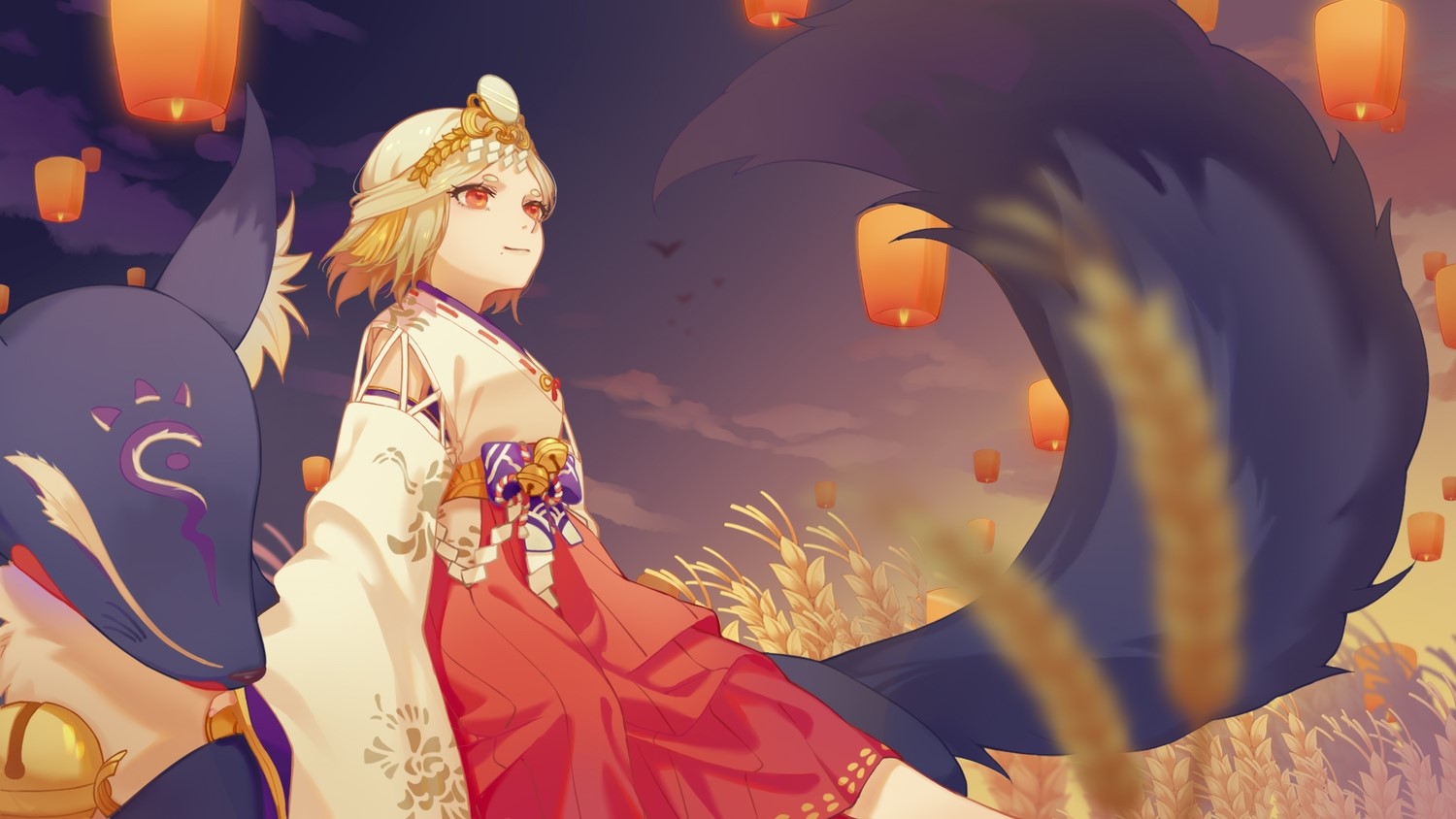 Miketsu from Onmyouji with a fox companion at night HD Wallpaper