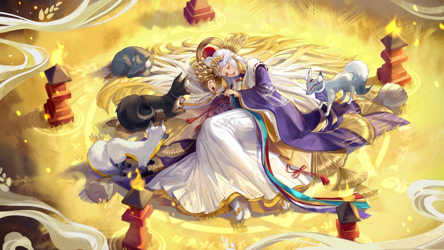 Miketsu from Onmyouji with foxes and cats HD Wallpaper