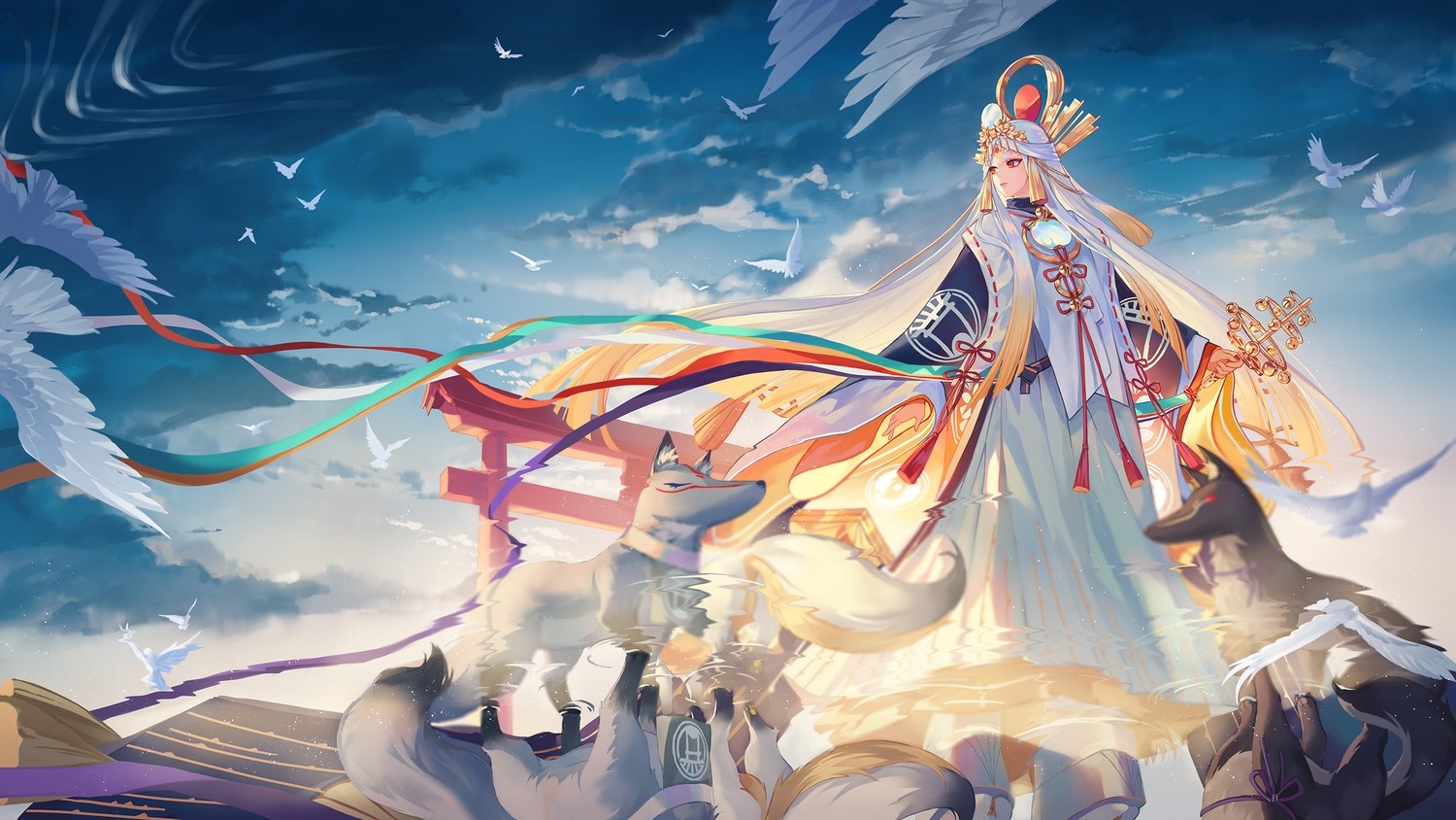Miketsu from Onmyouji with foxes and cranes HD Wallpaper