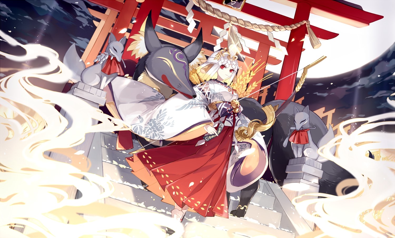Miketsu from Onmyouji with fox statues and torii gate HD Wallpaper