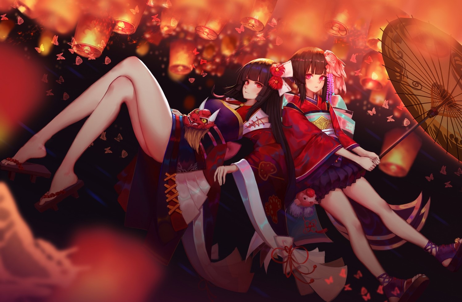 Anime girls in kimonos with lanterns and umbrella HD Wallpaper