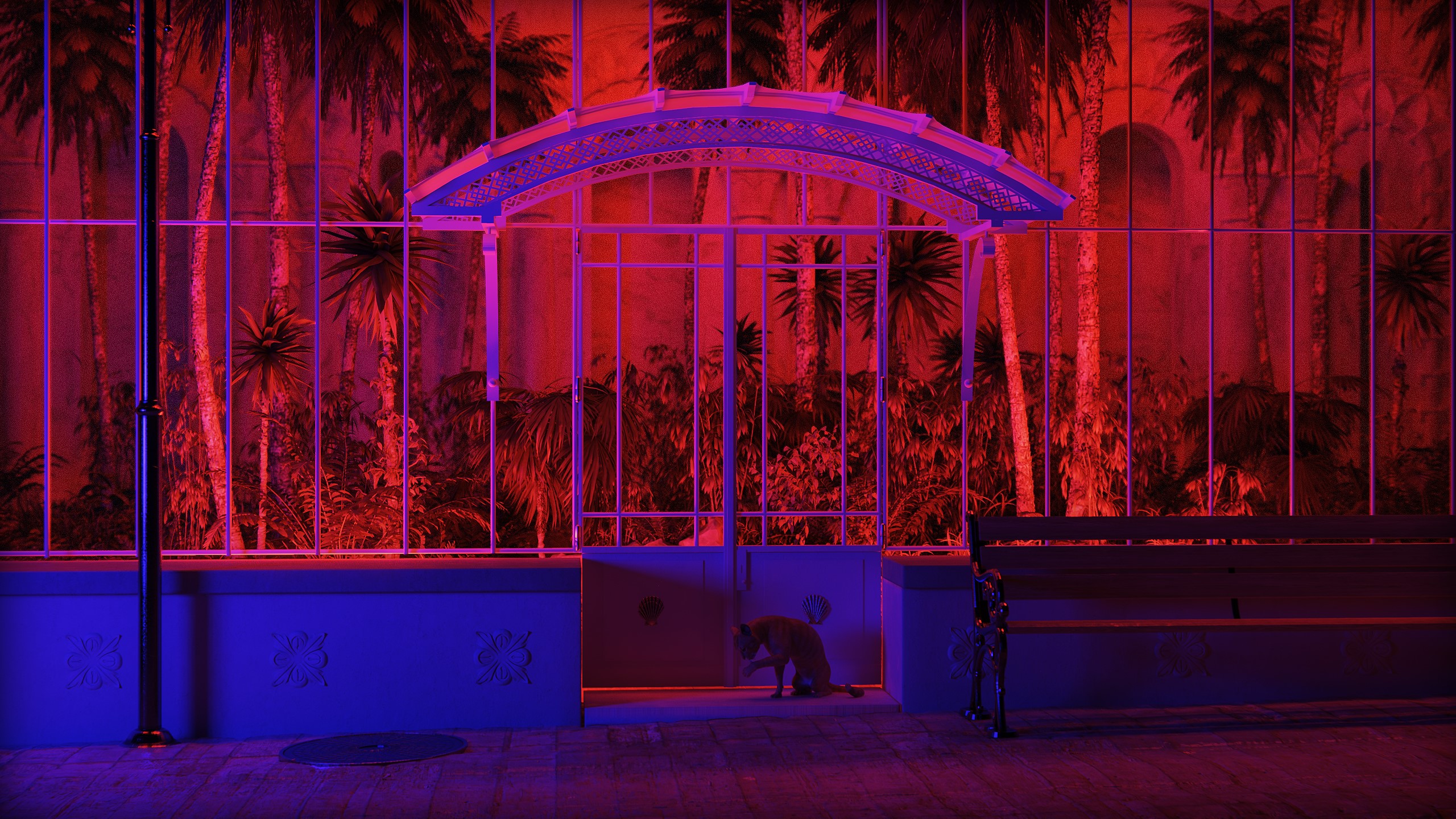 A dog sits in front of a greenhouse with palm trees HD Wallpaper
