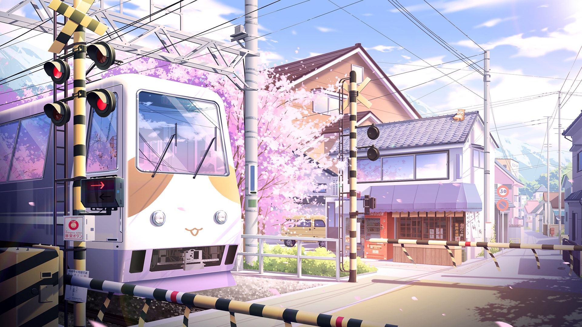 Anime train passing through a town with cherry blossoms HD Wallpaper