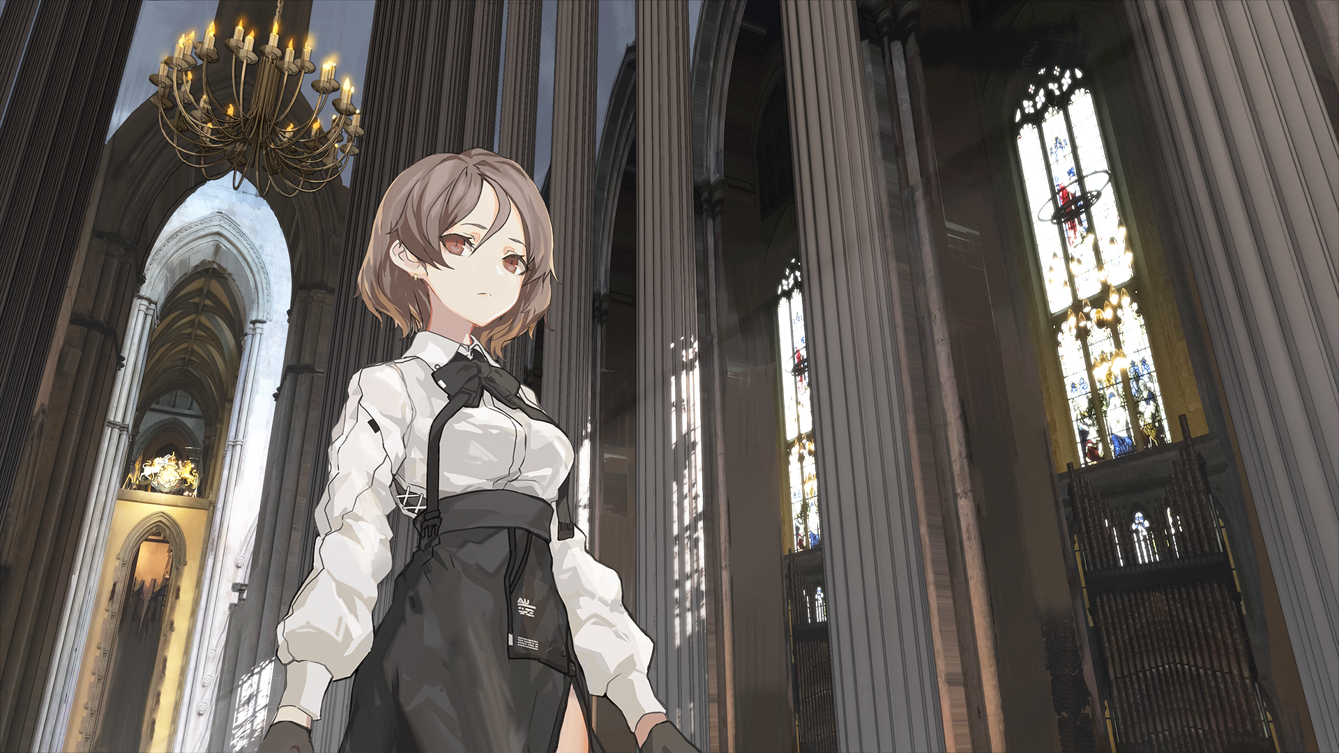 Anime girl in a church with stained glass windows HD Wallpaper