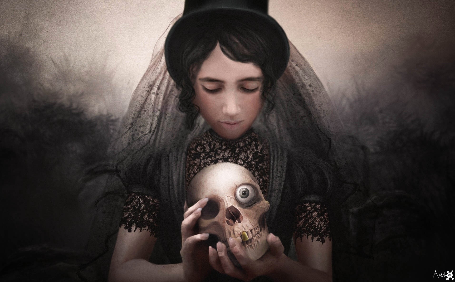 Woman in Victorian dress holding a skull HD Wallpaper