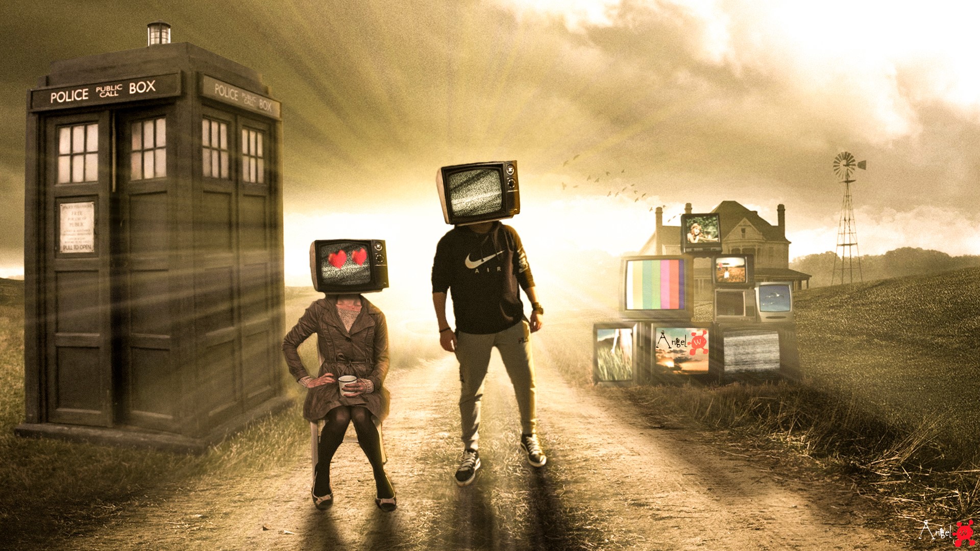 People with TVs for heads and a TARDIS HD Wallpaper