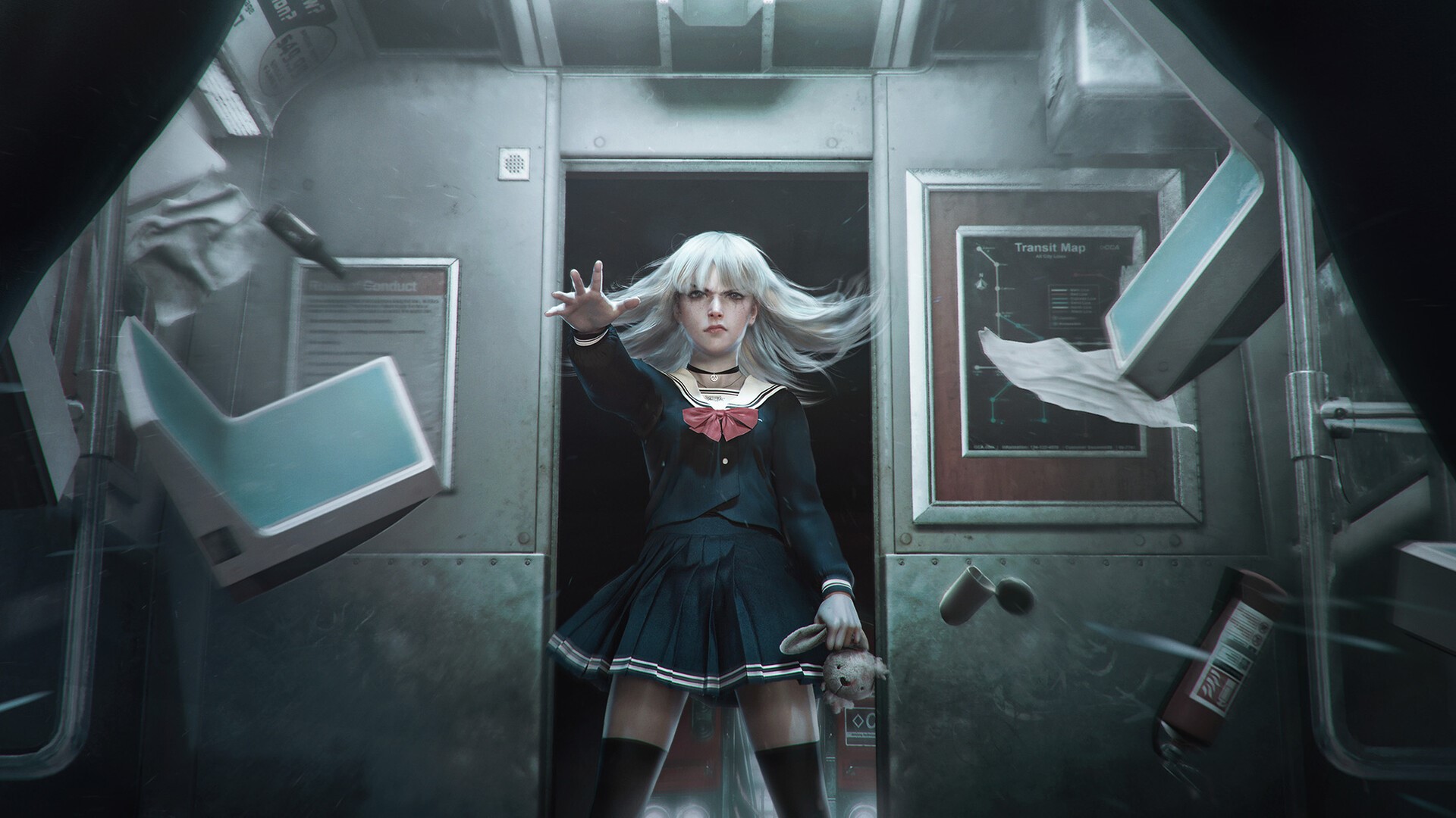 Girl in school uniform on a damaged train HD Wallpaper