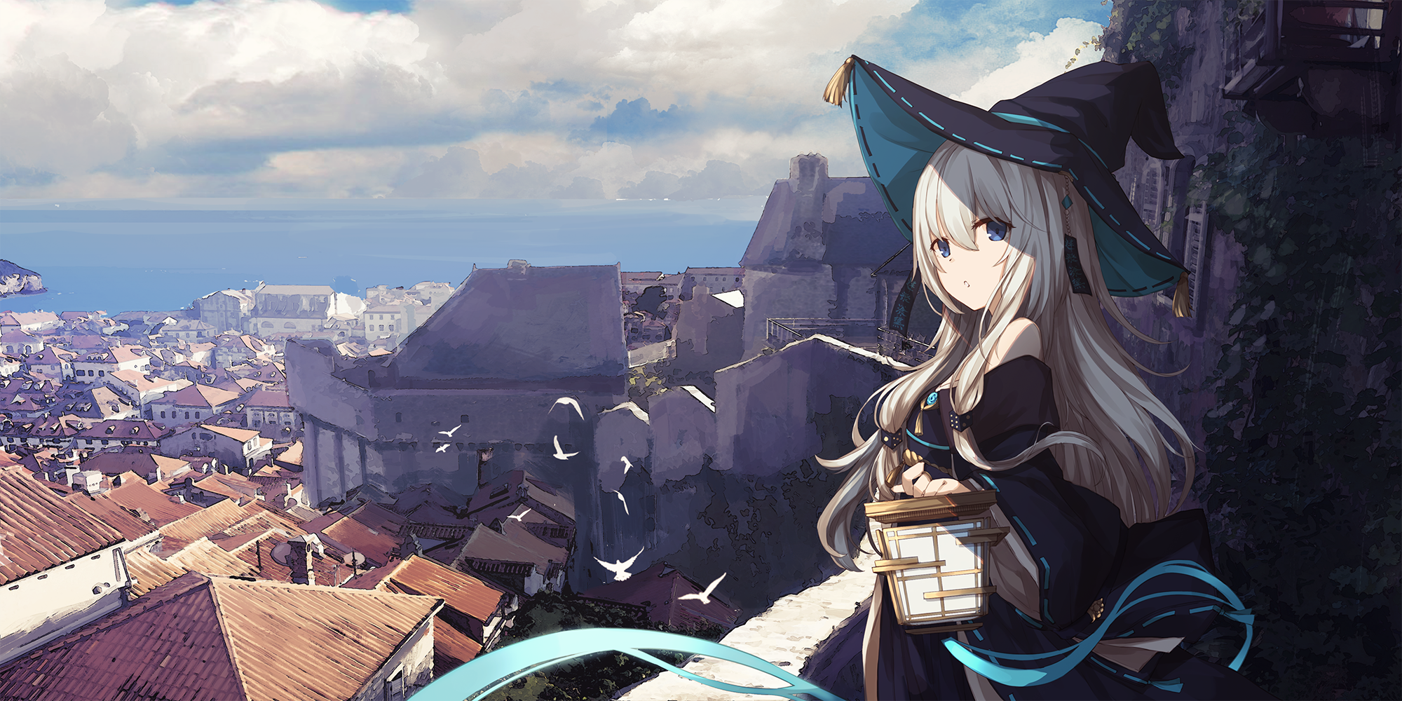 Anime girl with silver hair and witch hat in a city HD Wallpaper