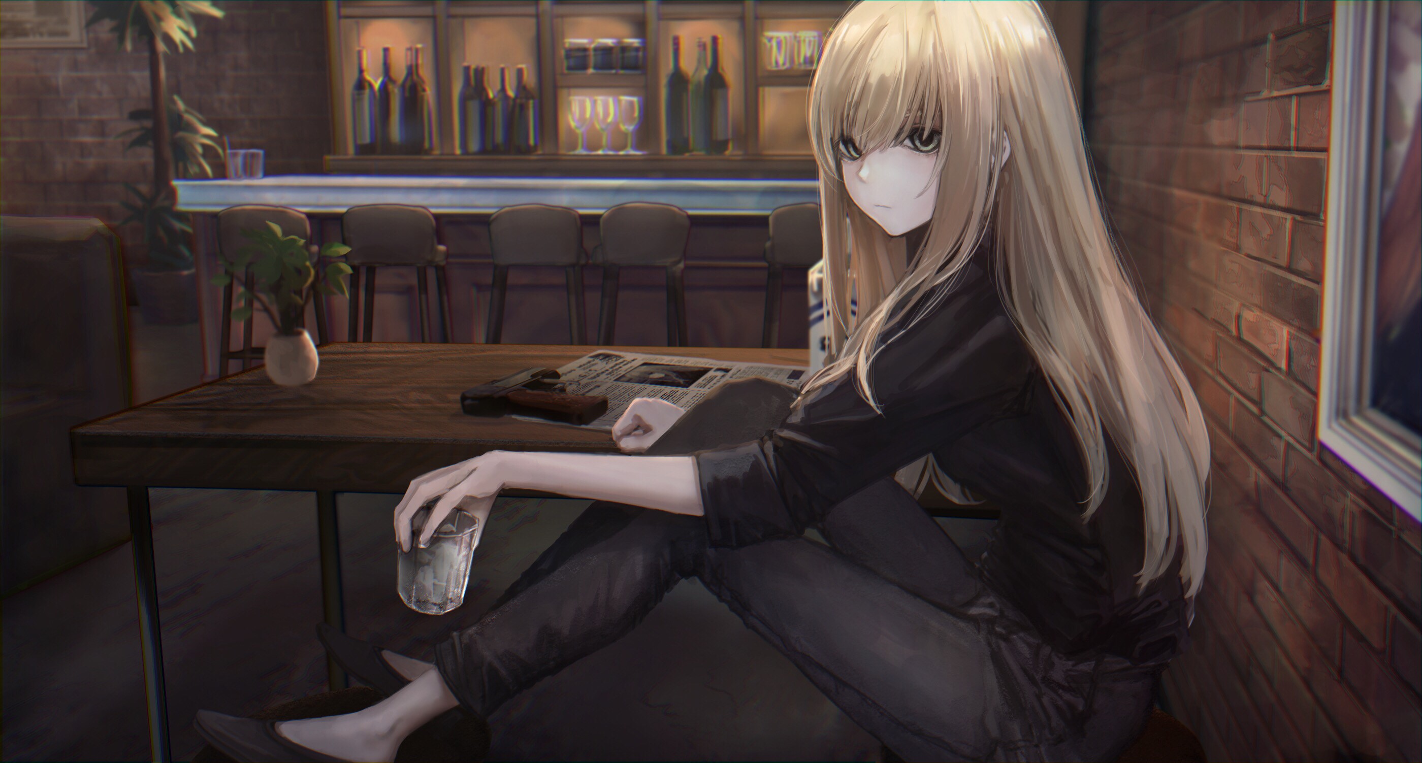 Anime girl with blonde hair and gun at a bar HD Wallpaper