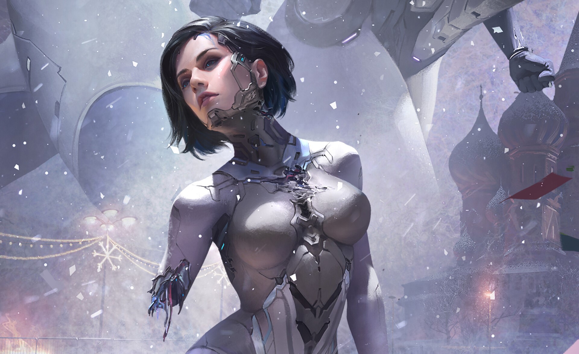 Cyborg woman with black hair in a snowy city HD Wallpaper