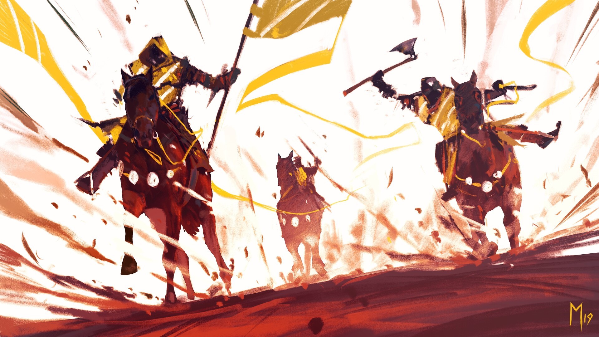 Knights on horseback with banners and axes HD Wallpaper