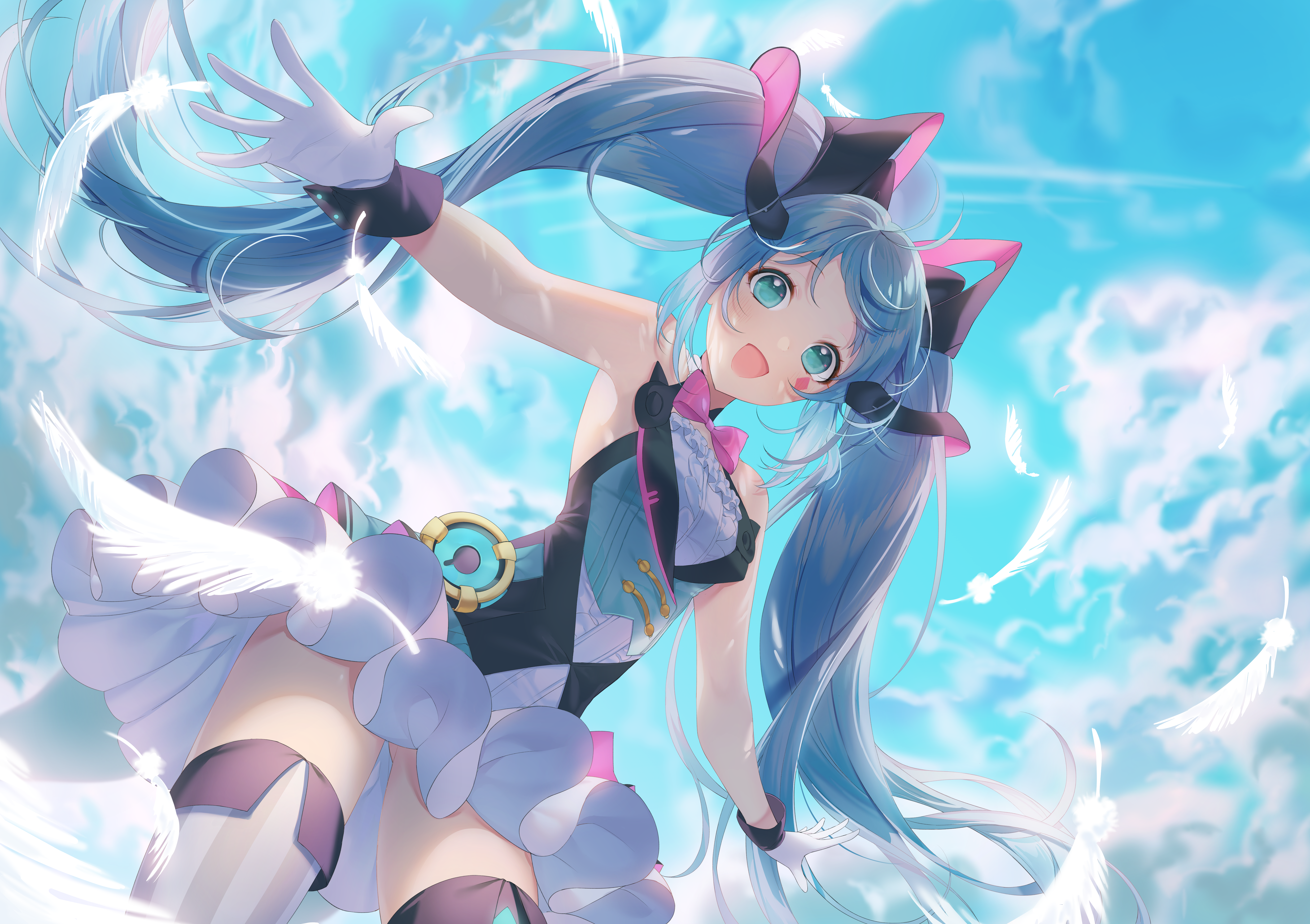 Anime girl with blue pigtails and feathers HD Wallpaper