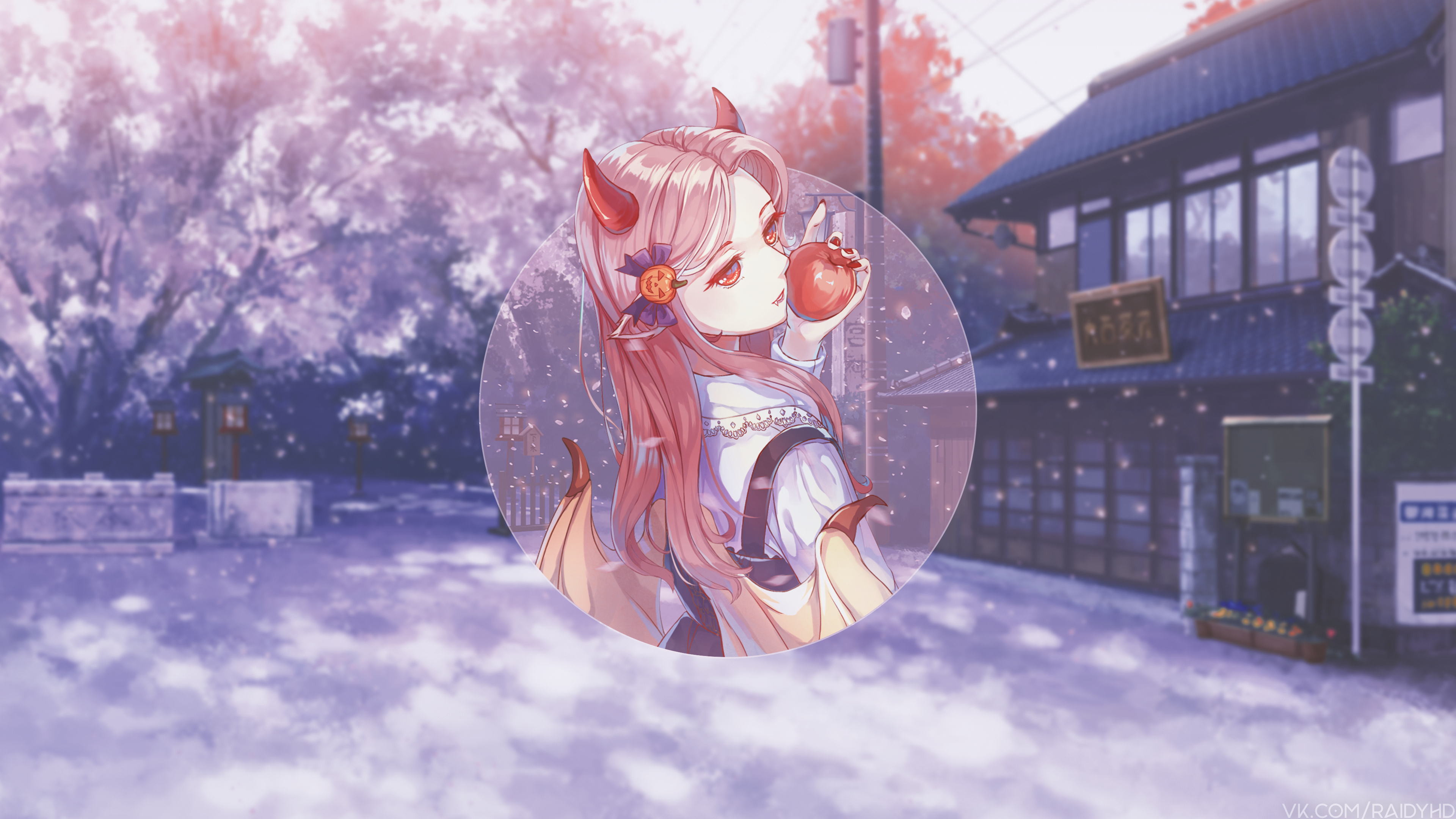 Anime girl with horns holding an apple HD Wallpaper