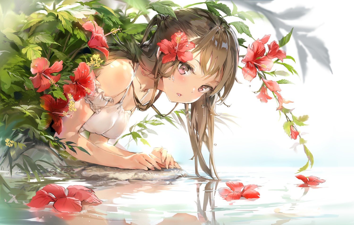 Anime girl with flowers in water HD Wallpaper