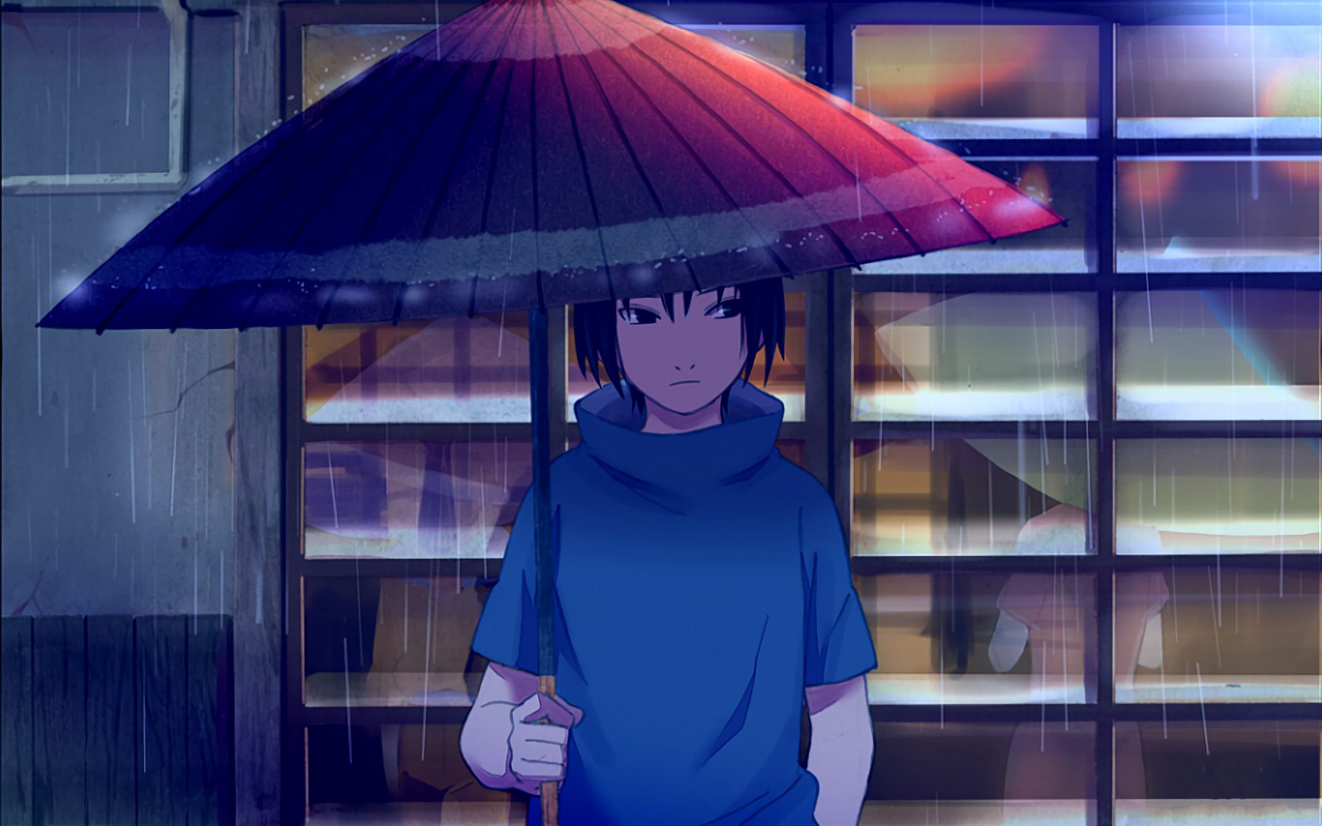 Sasuke Uchiha from Naruto holding an umbrella in the rain HD Wallpaper