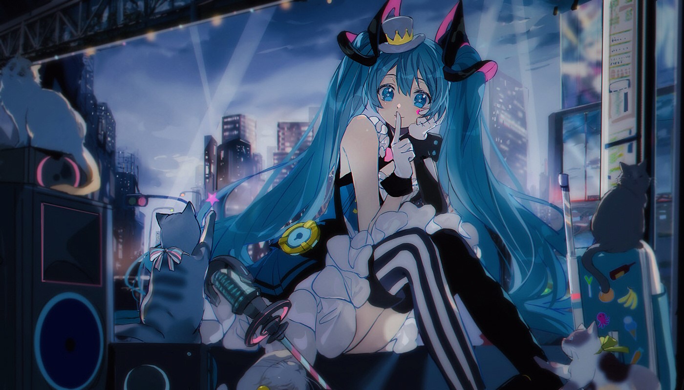 Hatsune Miku with cats in a city at night HD Wallpaper