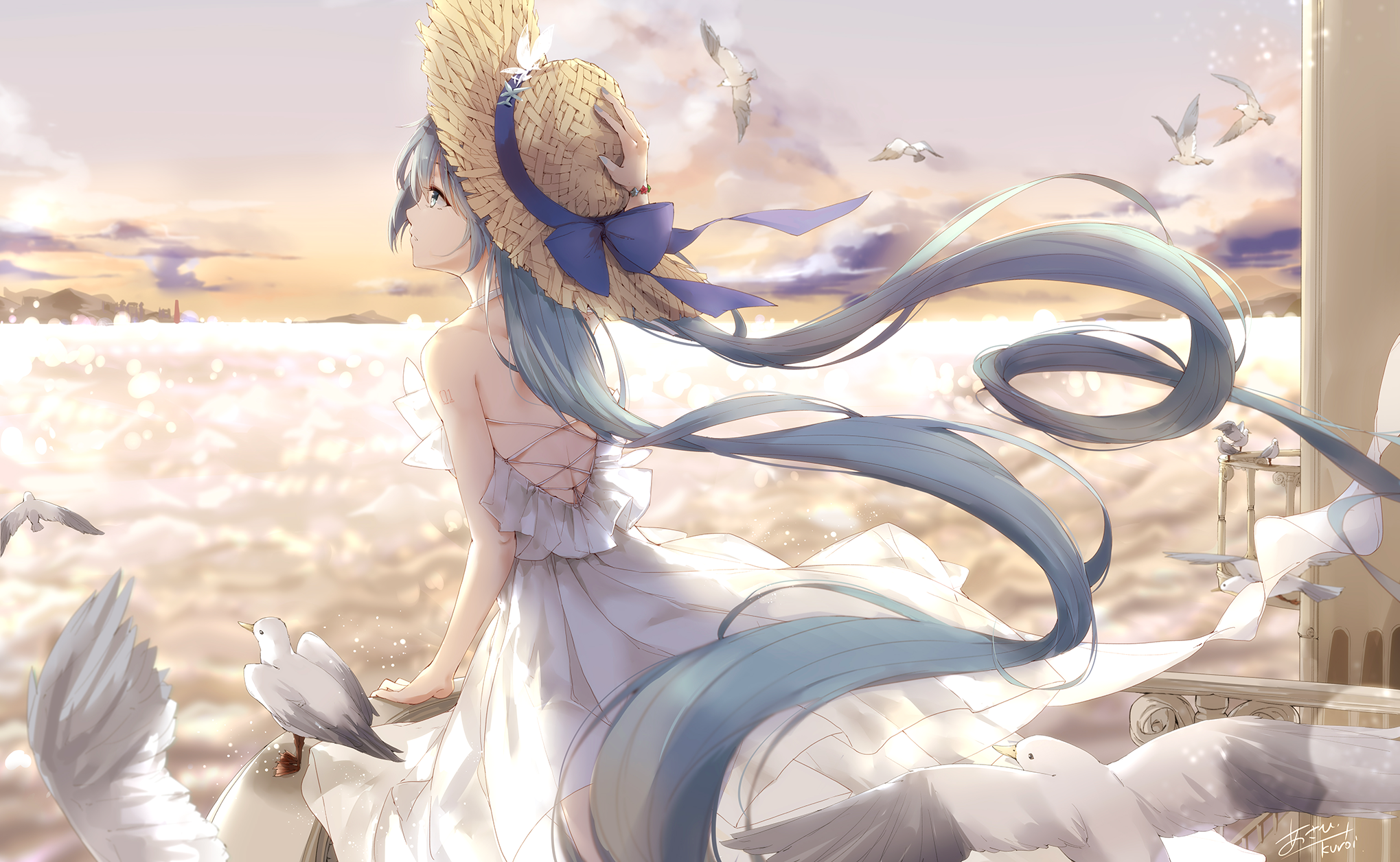 Anime girl with blue hair and straw hat by the sea HD Wallpaper
