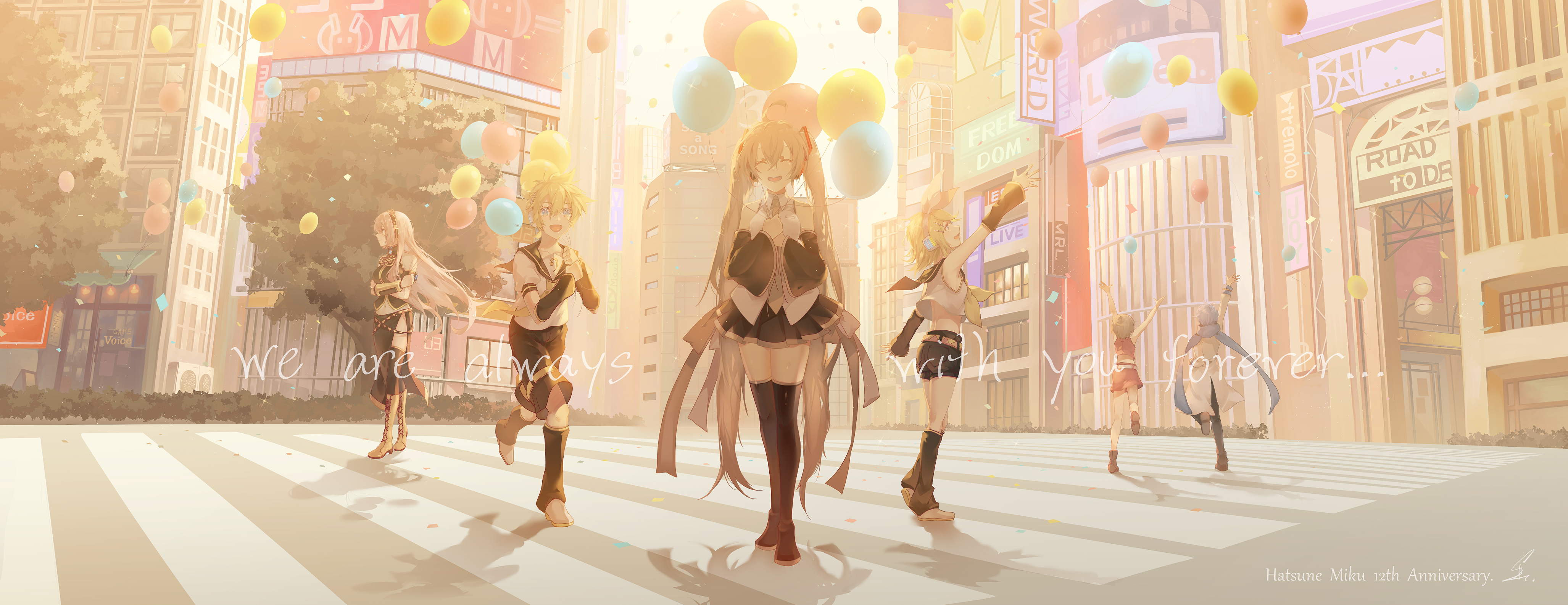 Hatsune Miku and friends in a city HD Wallpaper