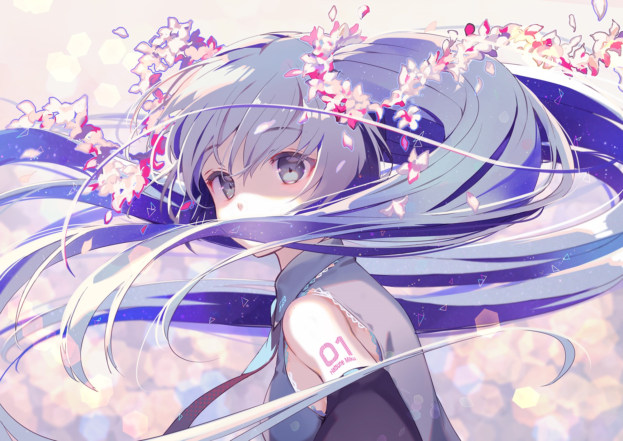 Hatsune Miku from Vocaloid with Cherry Blossoms HD Wallpaper