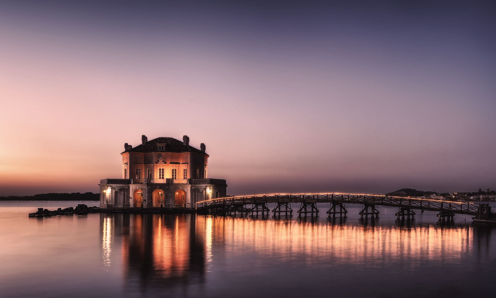 Casina Vanvitelliana and bridge over lake Fusaro at sunset HD Wallpaper