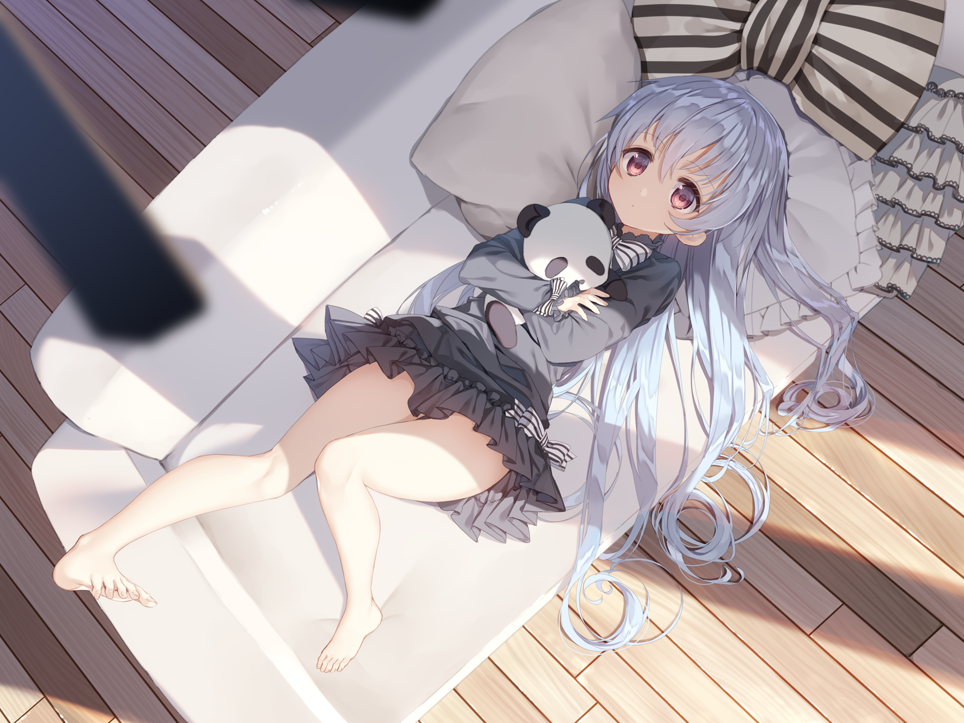 Anime girl with purple hair holding a panda plushie on a couch HD Wallpaper