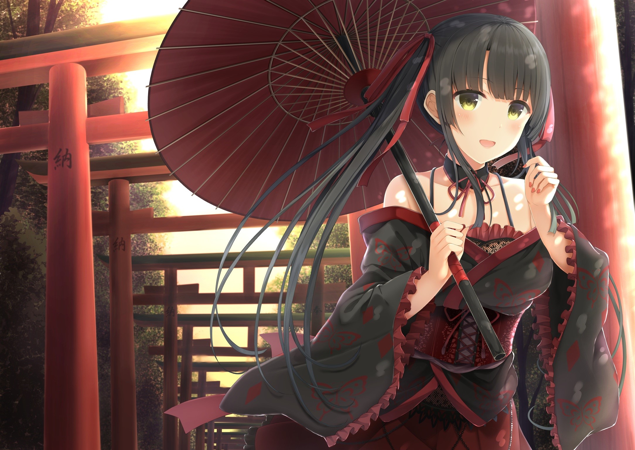 Anime girl with umbrella at a shrine HD Wallpaper