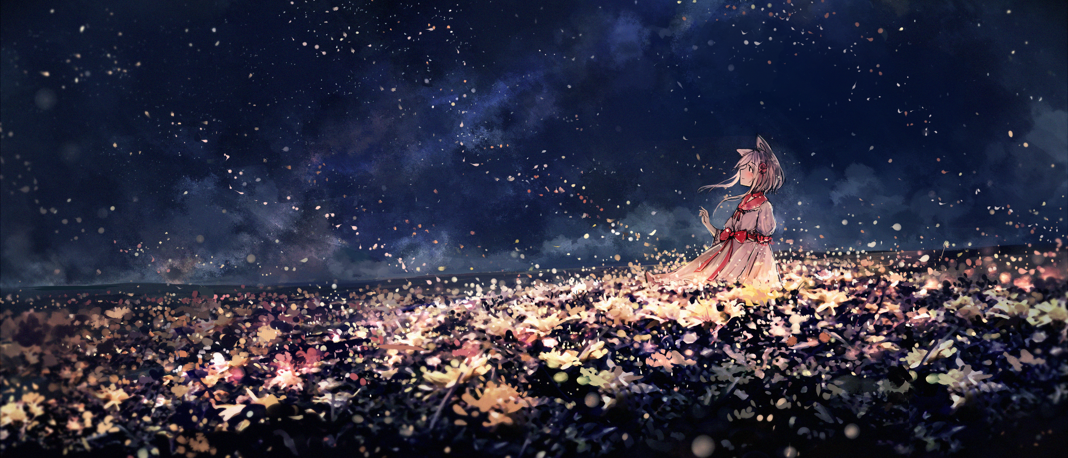 Anime girl with animal ears in a field of flowers at night HD Wallpaper