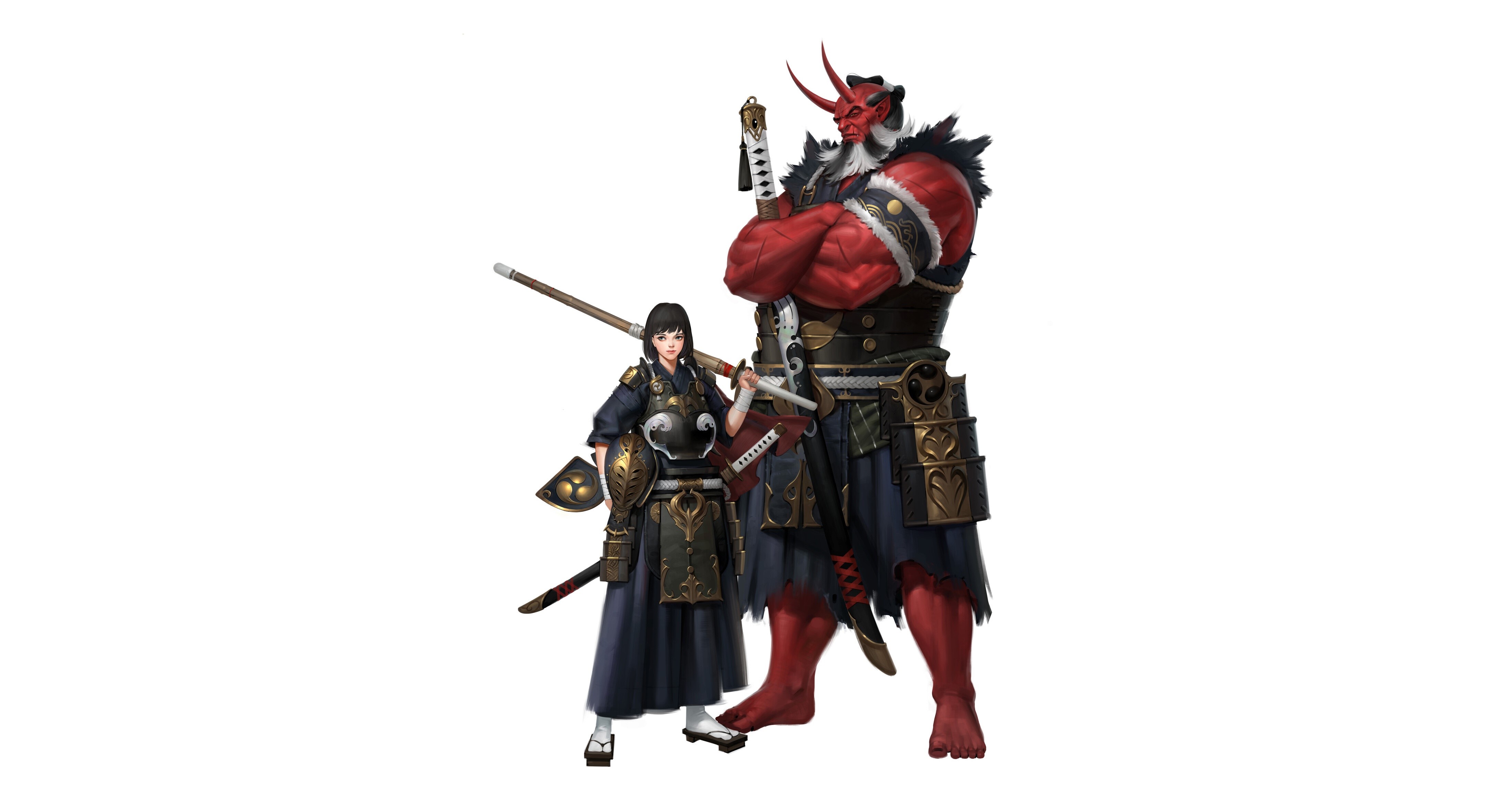 Fantasy art of a warrior girl and a red demon HD Wallpaper
