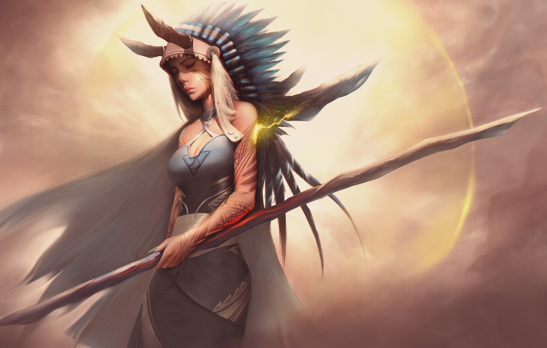 Fantasy woman with headdress and staff HD Wallpaper
