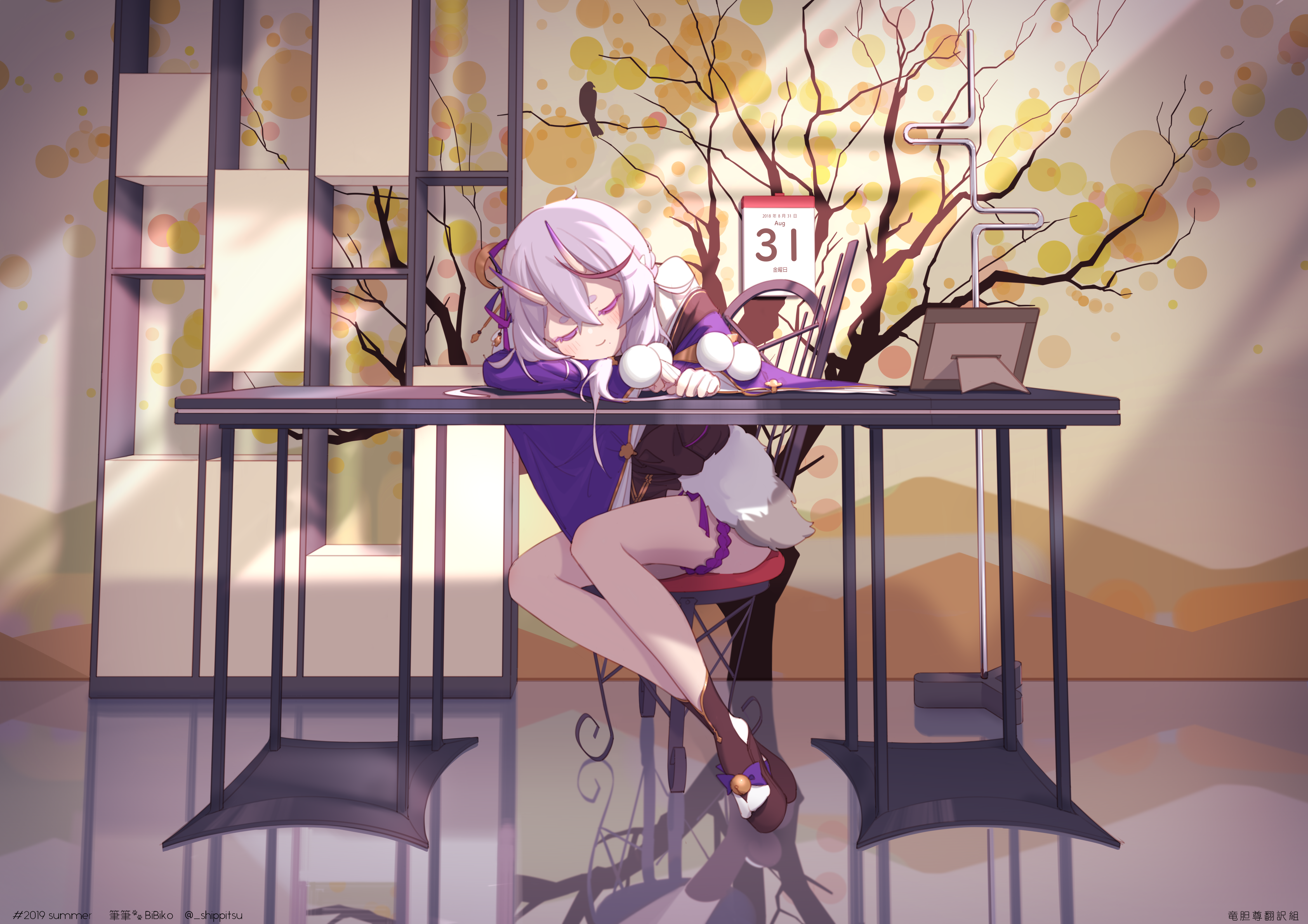 Anime girl sleeping at a desk with a calendar HD Wallpaper