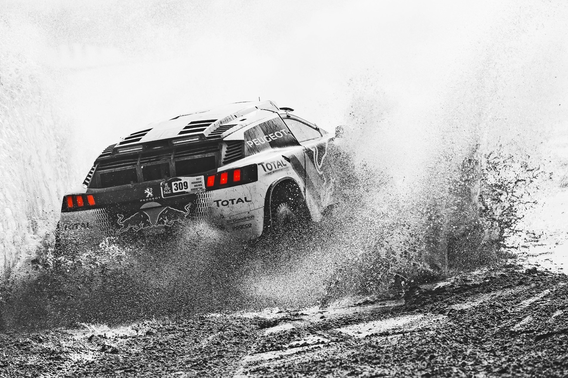 Peugeot 309 rally car driving through mud and water HD Wallpaper