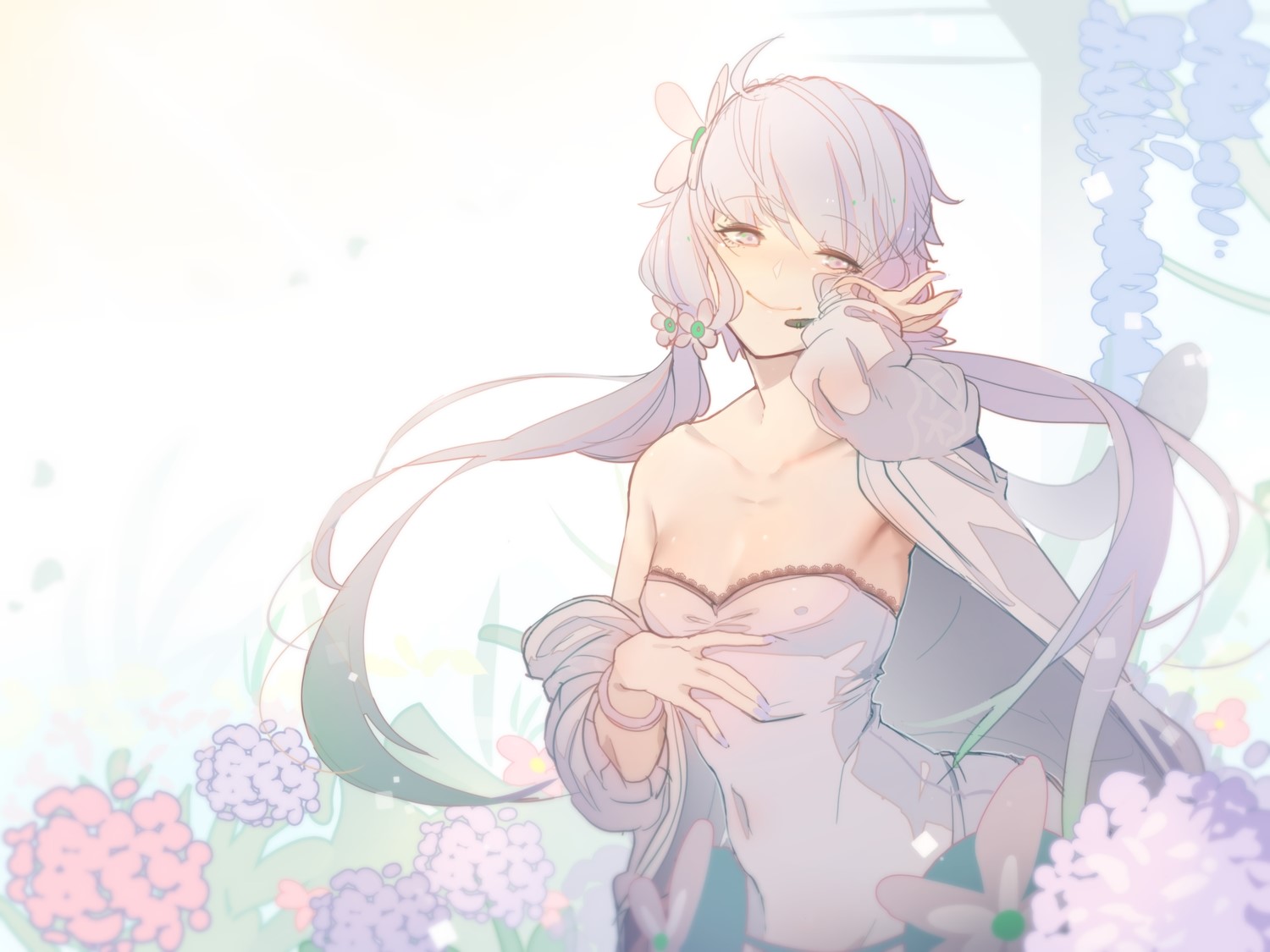 Yuzuki Yukari from Vocaloid surrounded by flowers HD Wallpaper