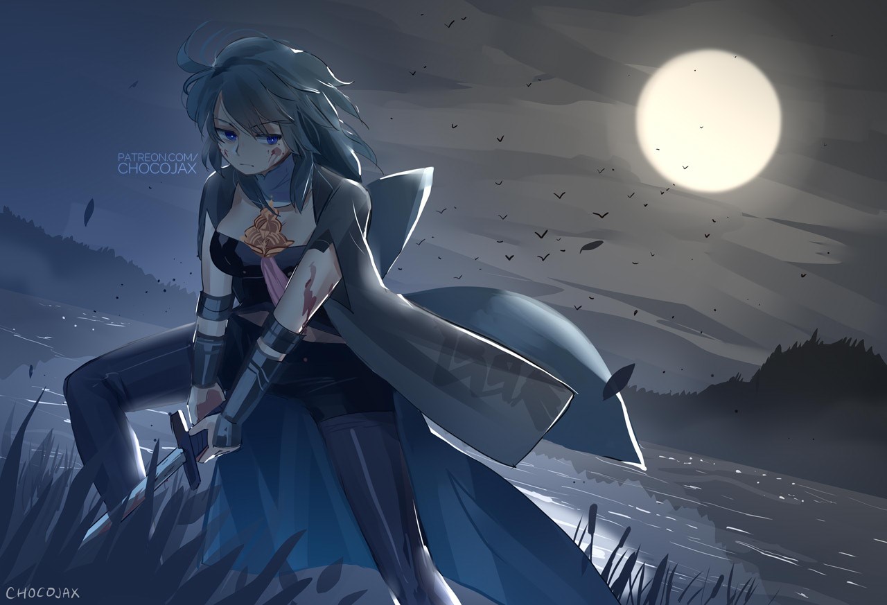 Anime girl with sword under the moon HD Wallpaper