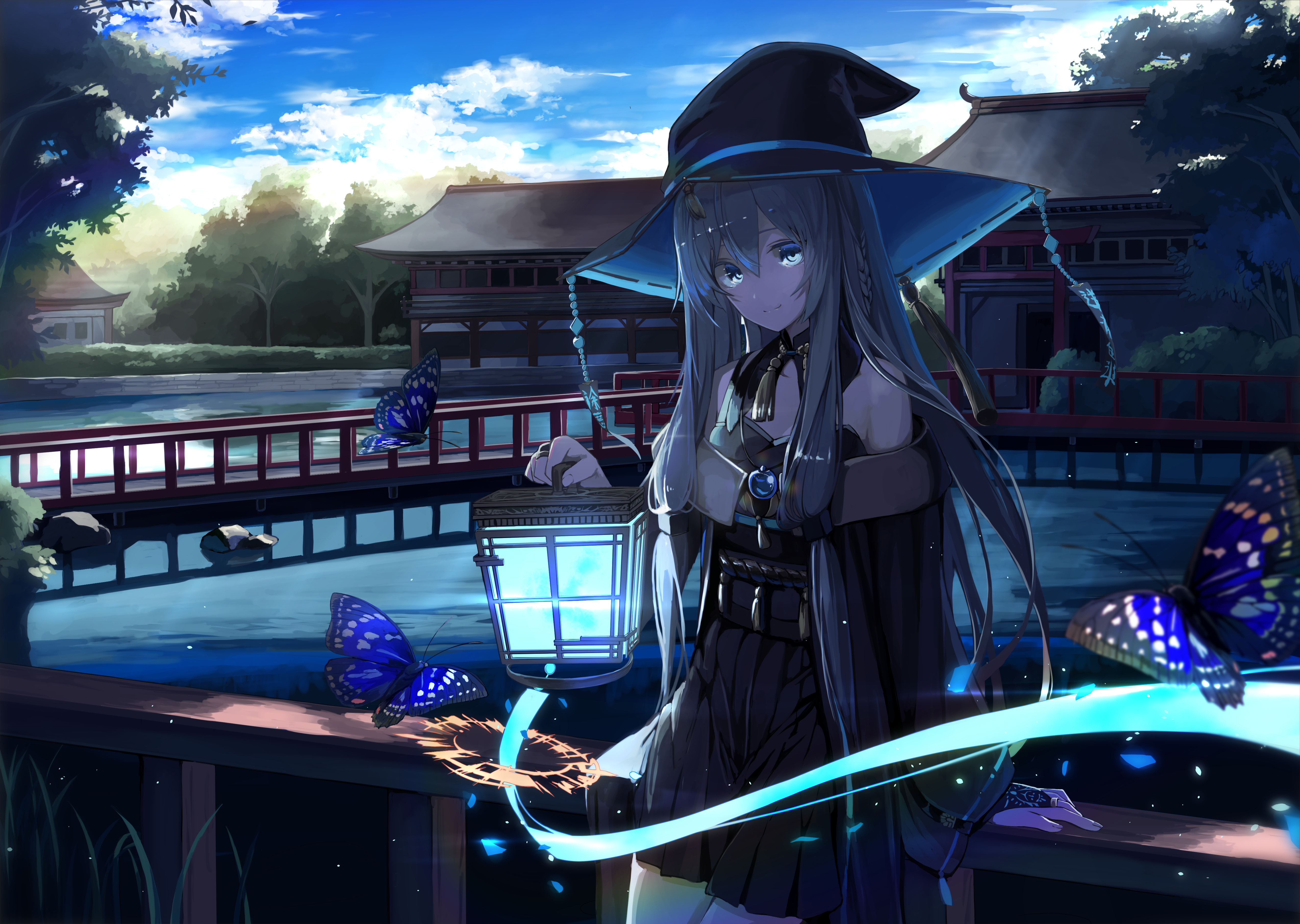 Anime girl with lantern and butterflies HD Wallpaper