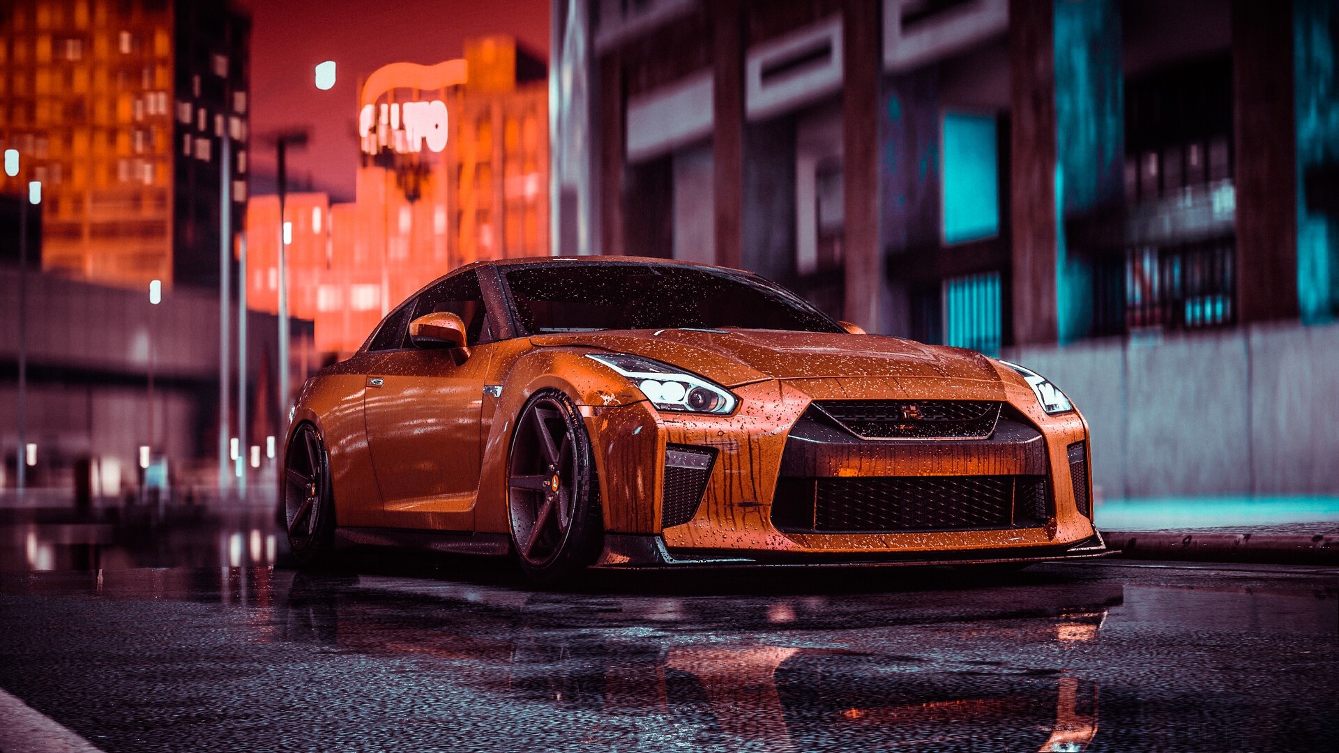 Orange Nissan GT-R on wet city street at night HD Wallpaper