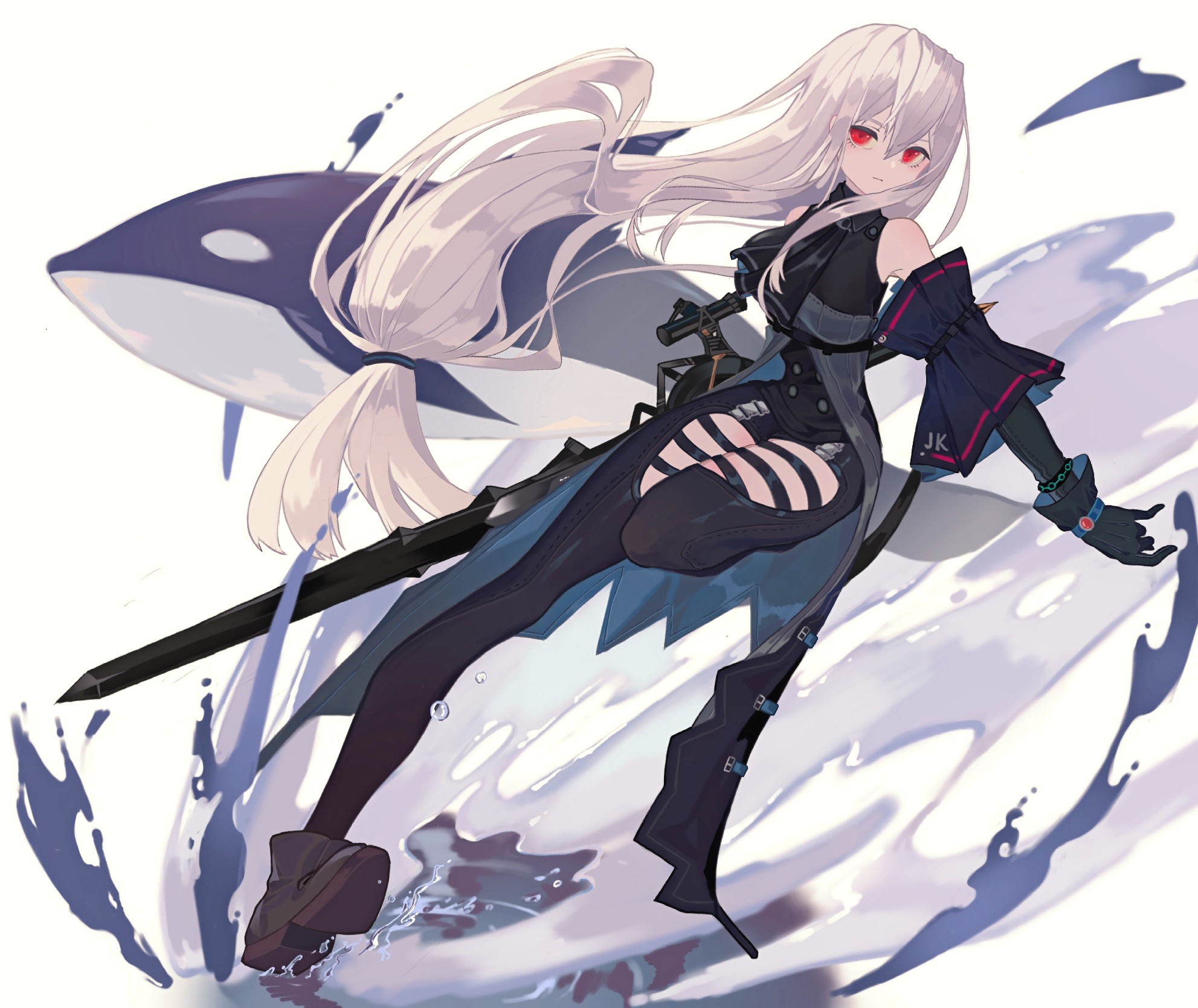 Anime girl with white hair and red eyes and a killer whale HD Wallpaper
