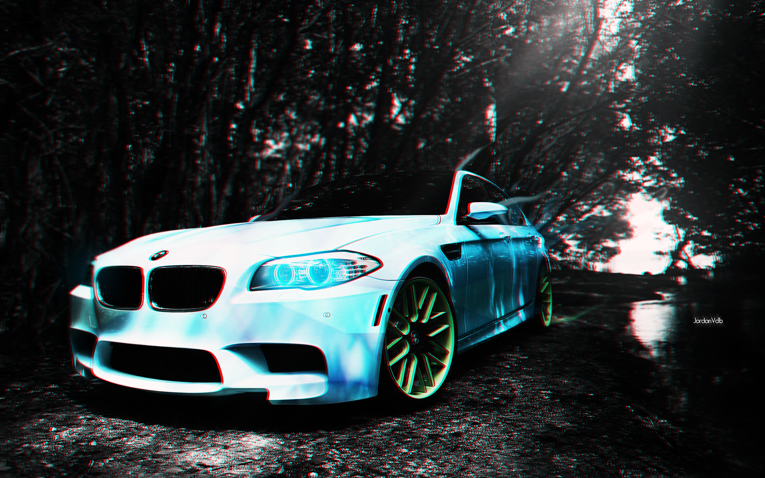 White BMW M5 F10 with colored wheels in forest HD Wallpaper