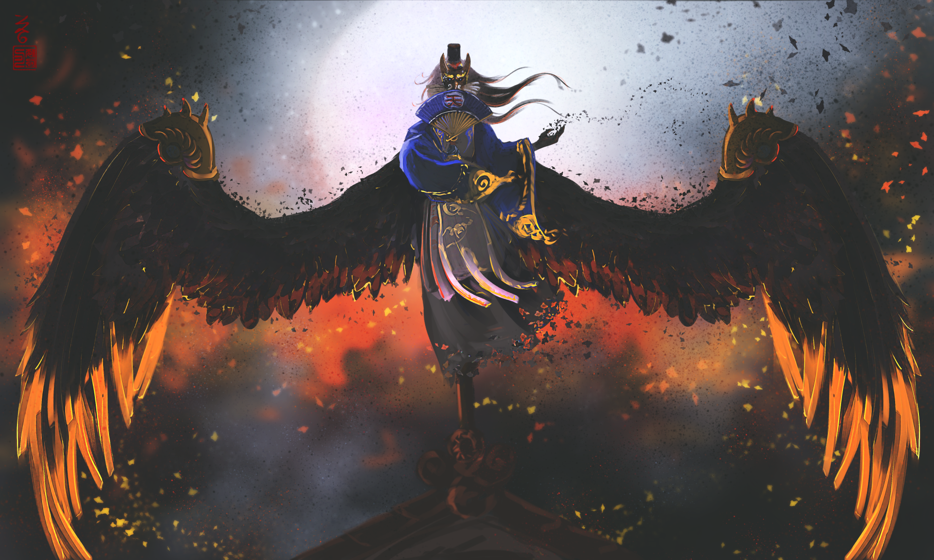 Fantasy art of a winged figure with a mask and fan HD Wallpaper