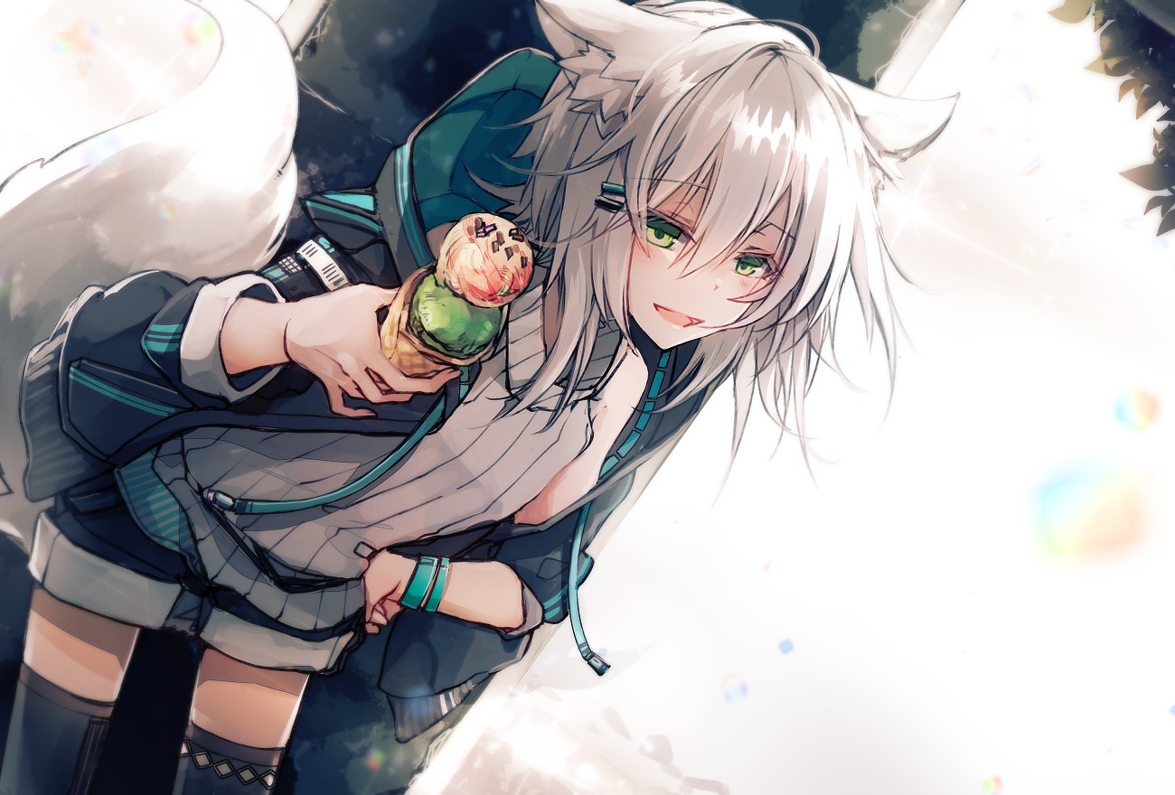 Anime girl with white hair and fox ears eating ice cream HD Wallpaper