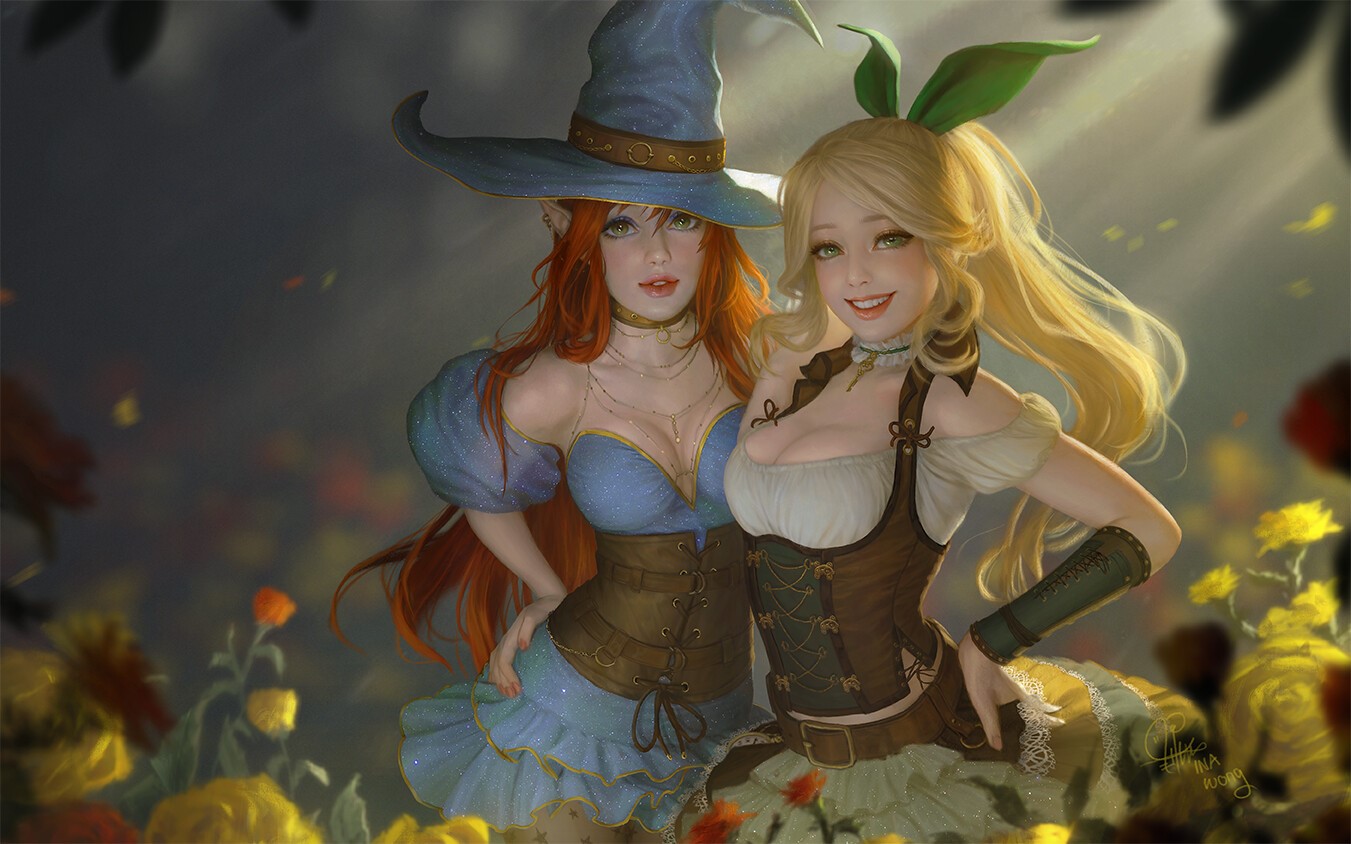 Two fantasy girls in a flower field by Ina Wong HD Wallpaper