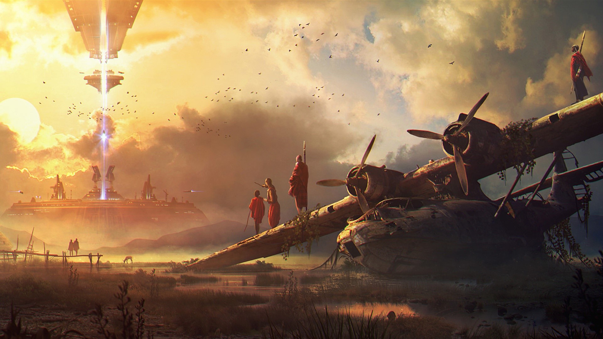 Sci-fi PBY Catalina wreck with monks and alien structures HD Wallpaper