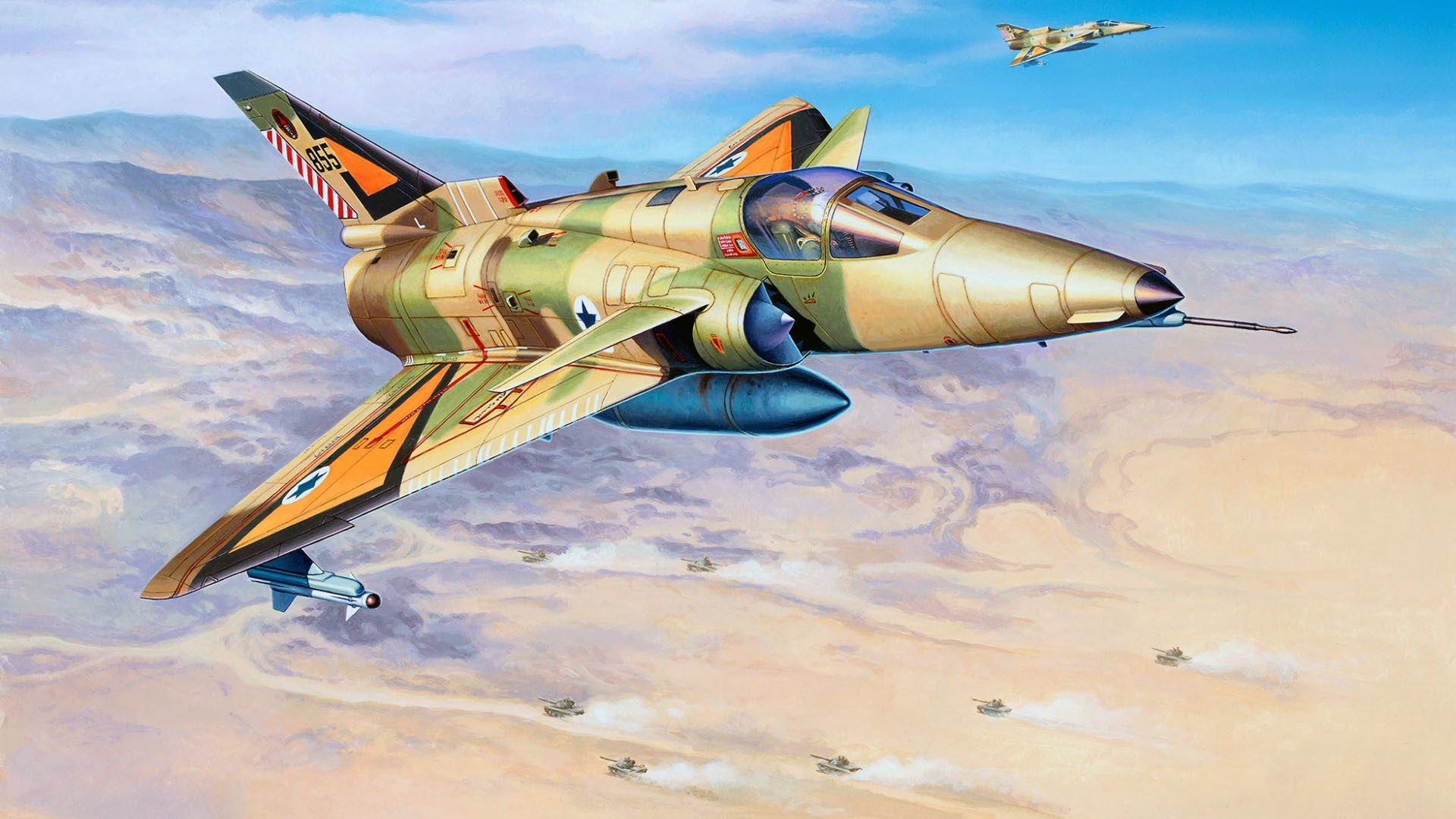 Israeli Air Force jets flying over desert landscape HD Wallpaper
