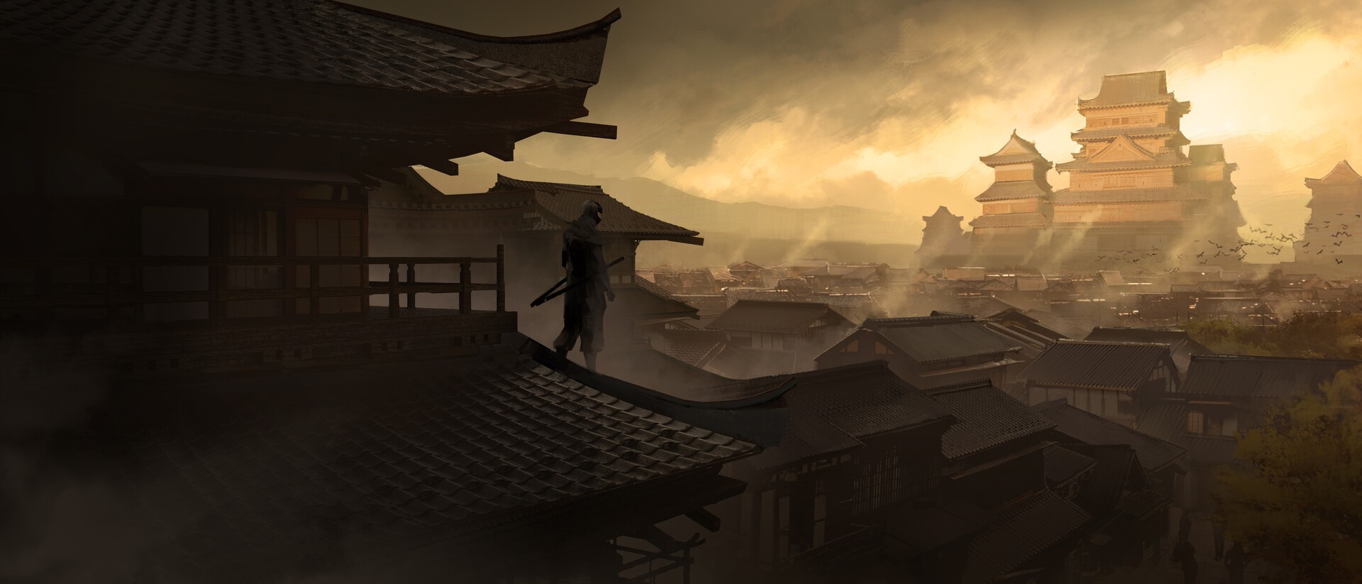 Assassin's Creed artwork of a ninja overlooking a Chinese city HD Wallpaper