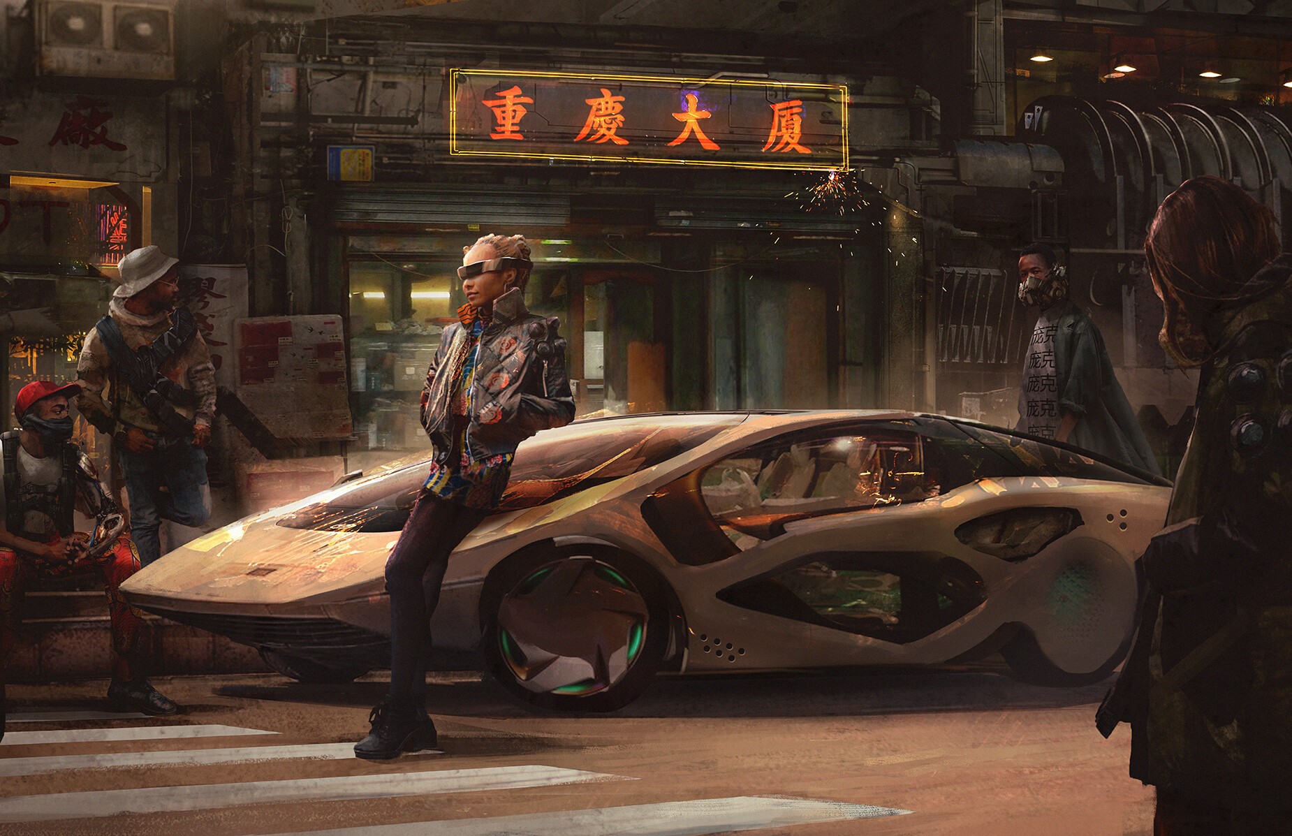 Cyberpunk street scene with futuristic car and people HD Wallpaper