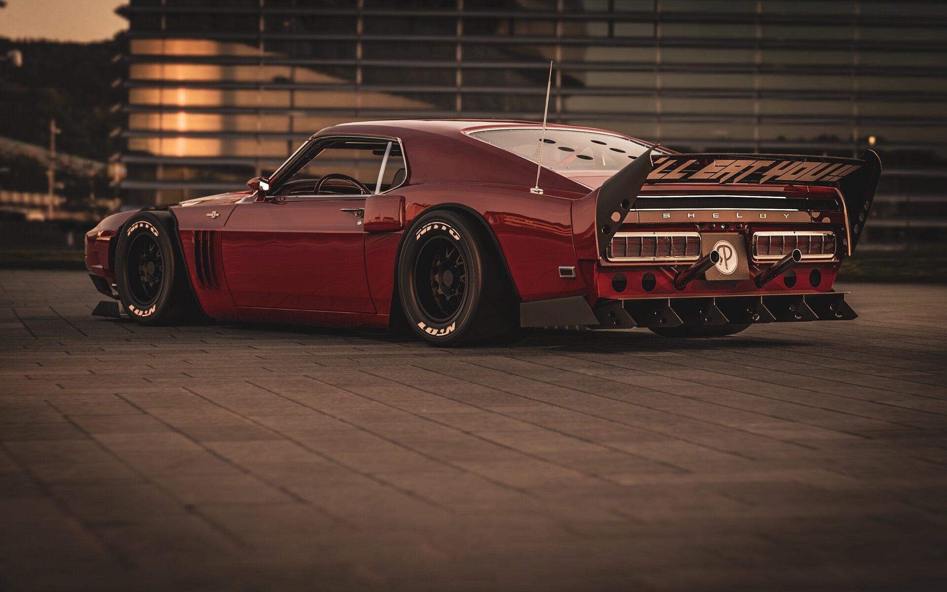 Custom red Shelby Mustang with a large rear spoiler HD Wallpaper