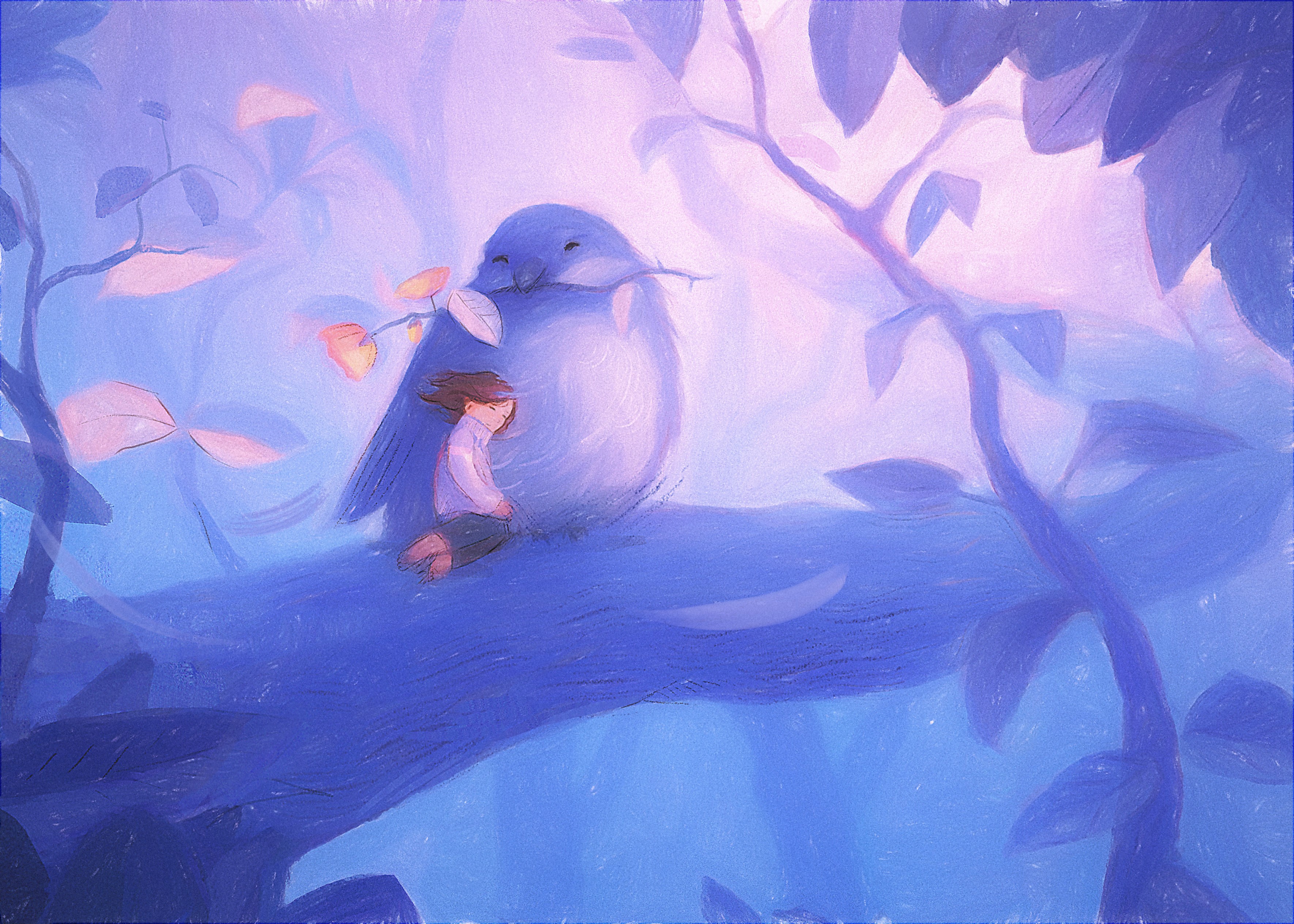 Girl and bird on a branch HD Wallpaper