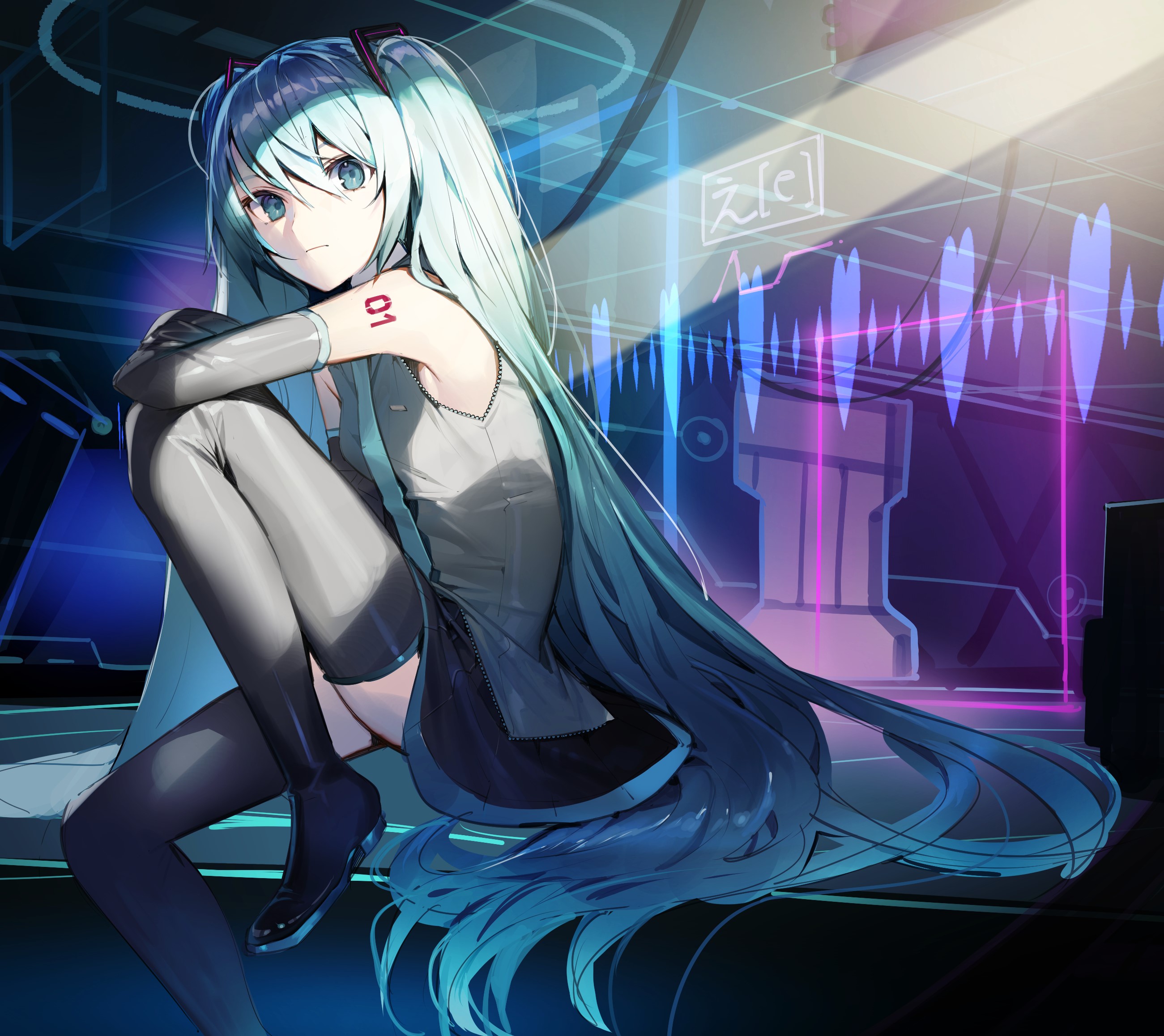 Hatsune Miku from Vocaloid sitting in a futuristic setting HD Wallpaper