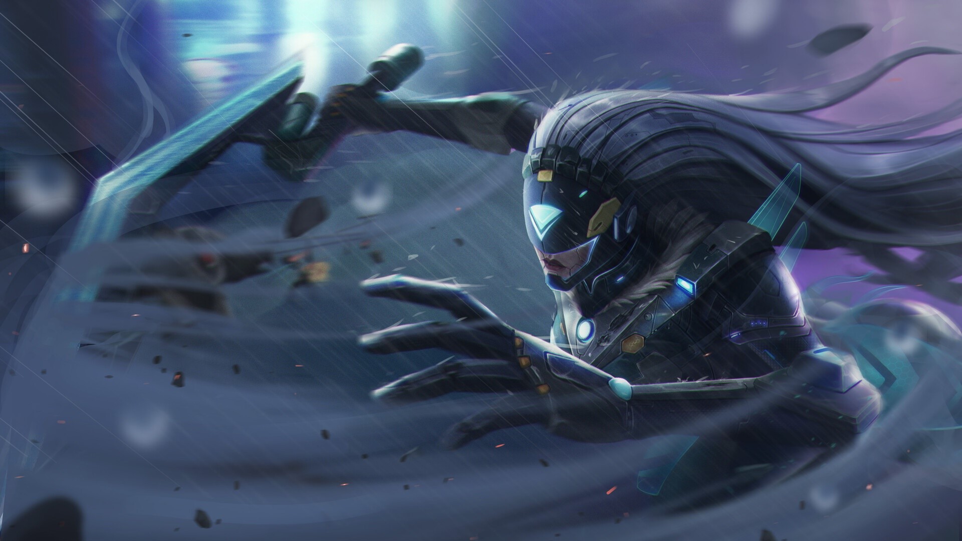 Futuristic warrior with a sword in motion HD Wallpaper